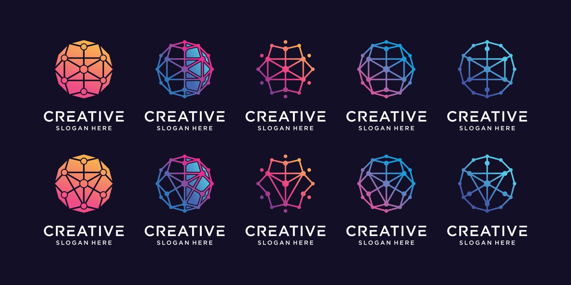 establecer tecnología de diseño de logotipo de conexión de paquete con arte de línea circular y vector premium de estilo de punto