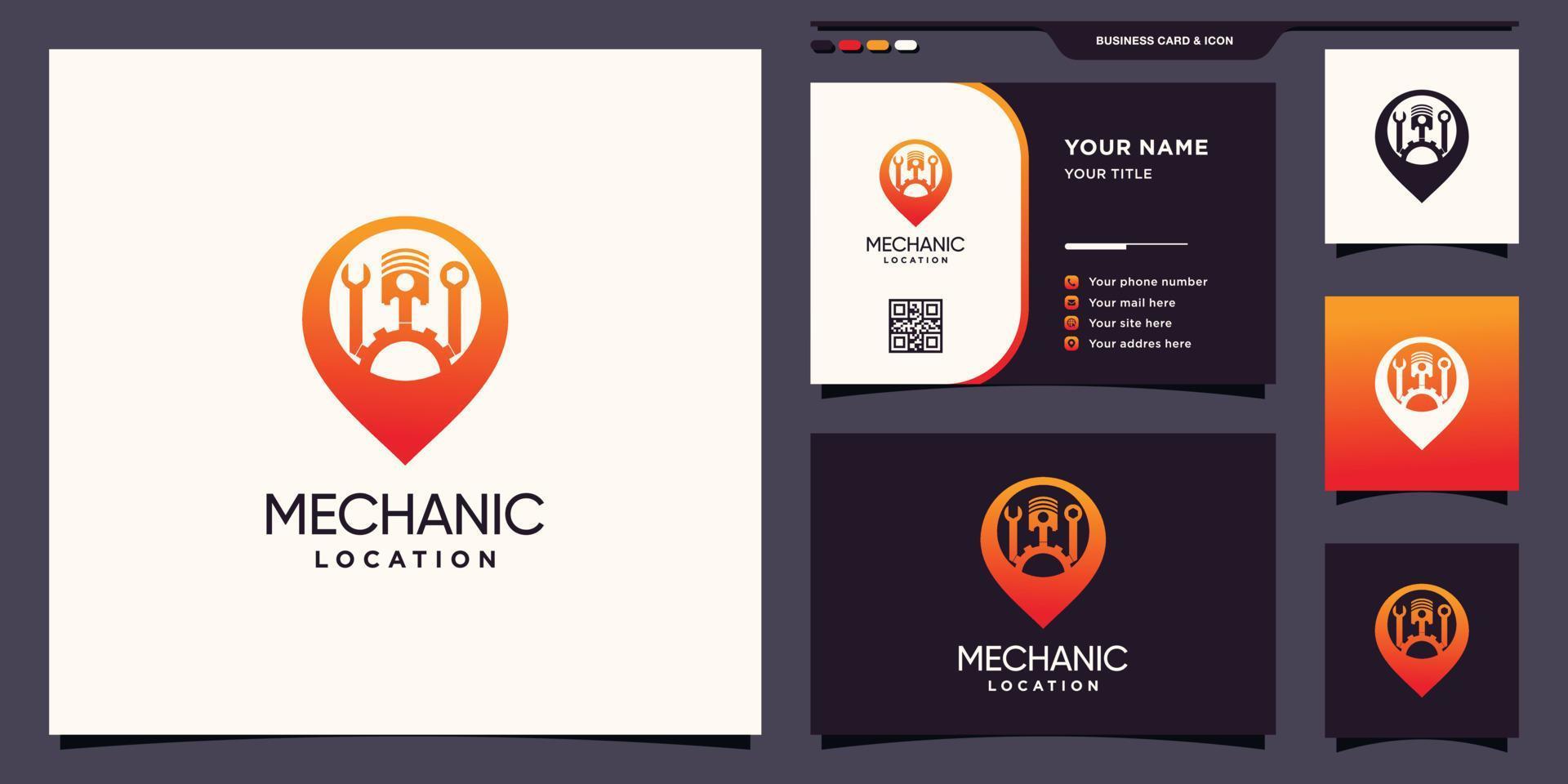 Mechanic location logo with pin point concept and business card design Premium Vector