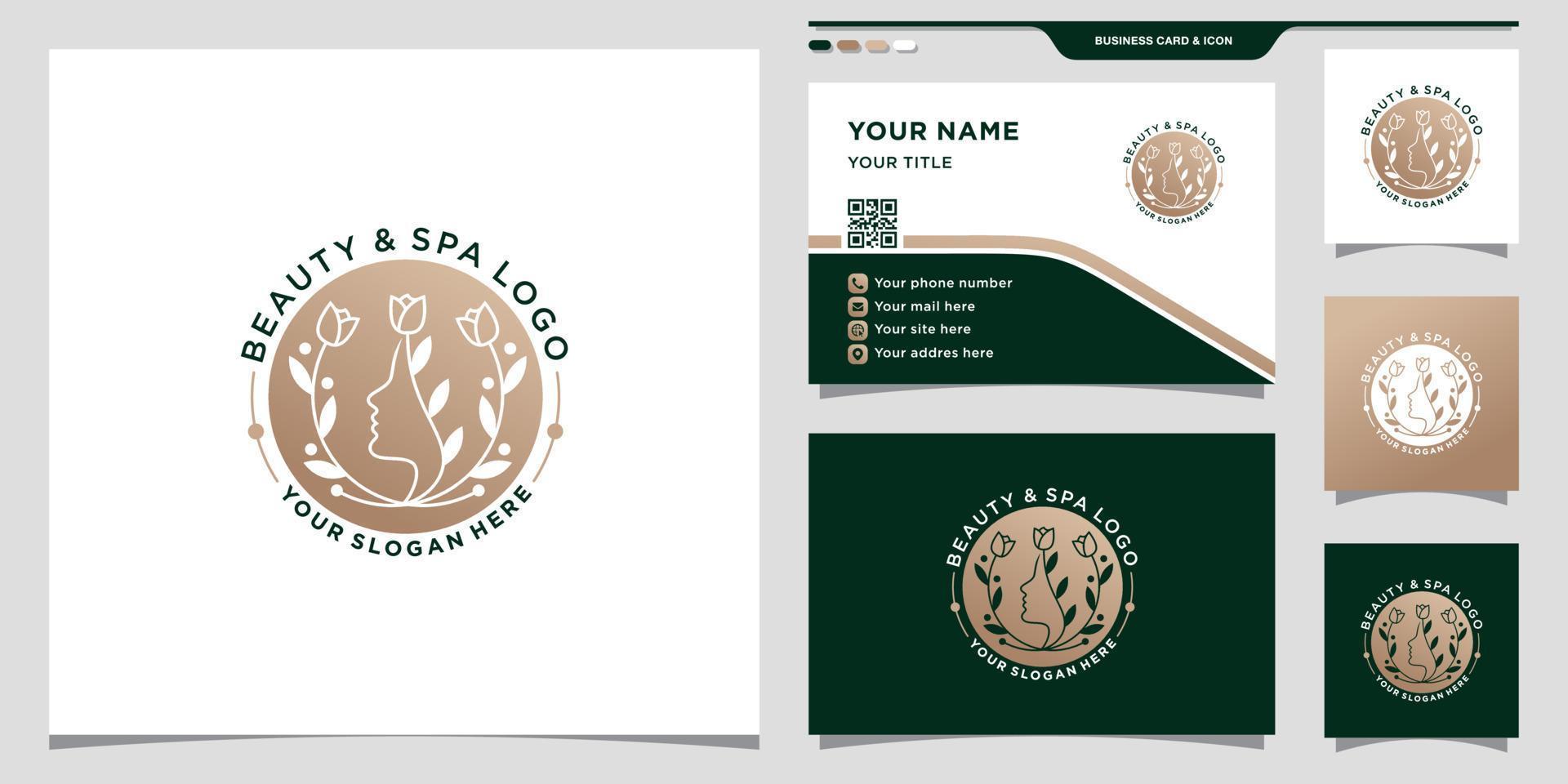 Beauty spa woman face logo with negative space circle concept and business card design Premium Vector