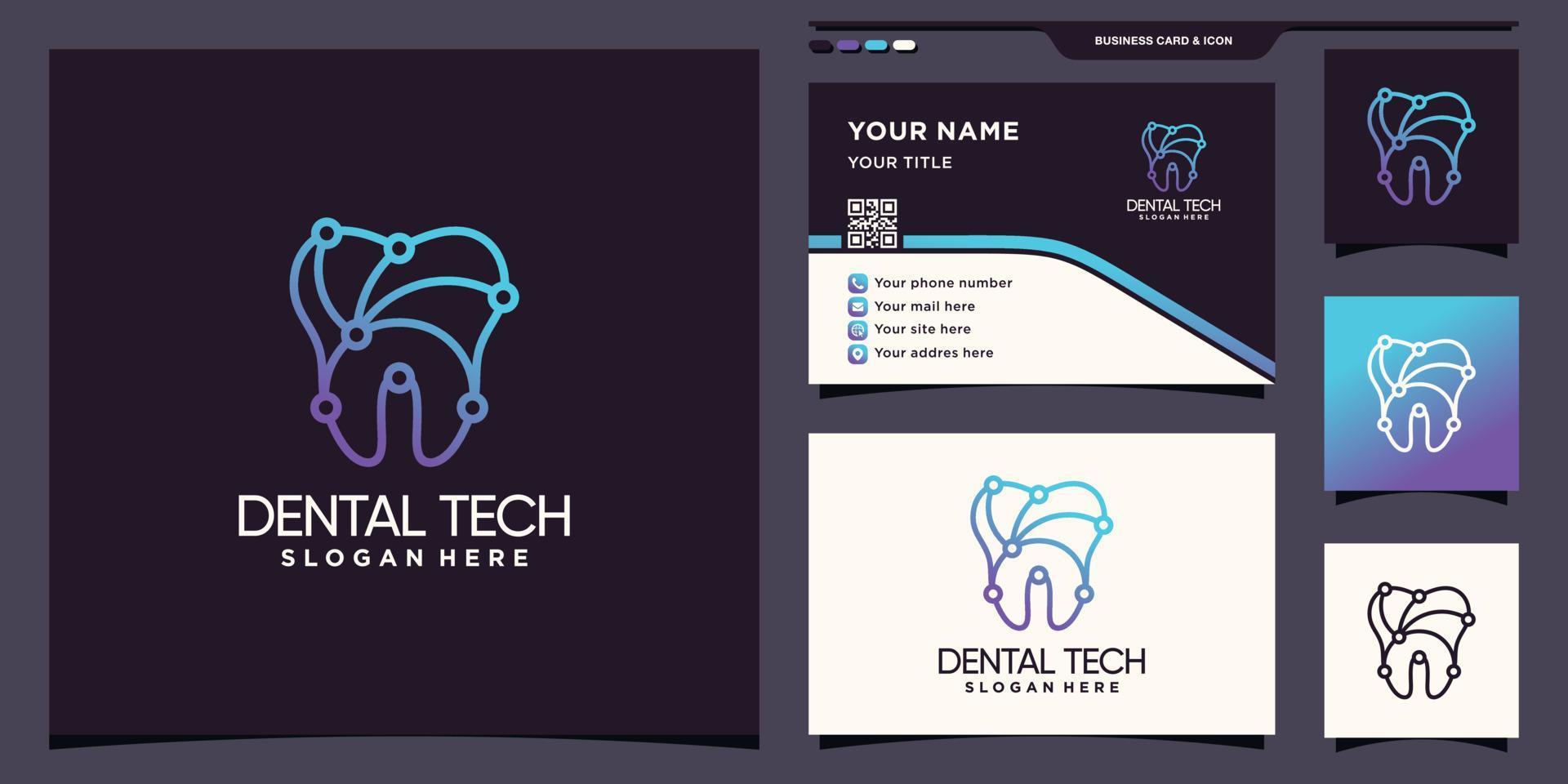 tecnología de diseño de logotipo dental con estilo de arte de línea único y vector premium de diseño de tarjeta de visita