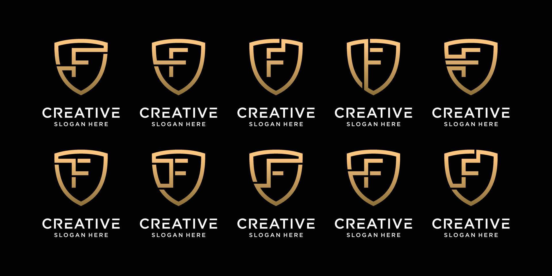 Set bundle monogram shield logo design initial letter f with linear style Premium Vector