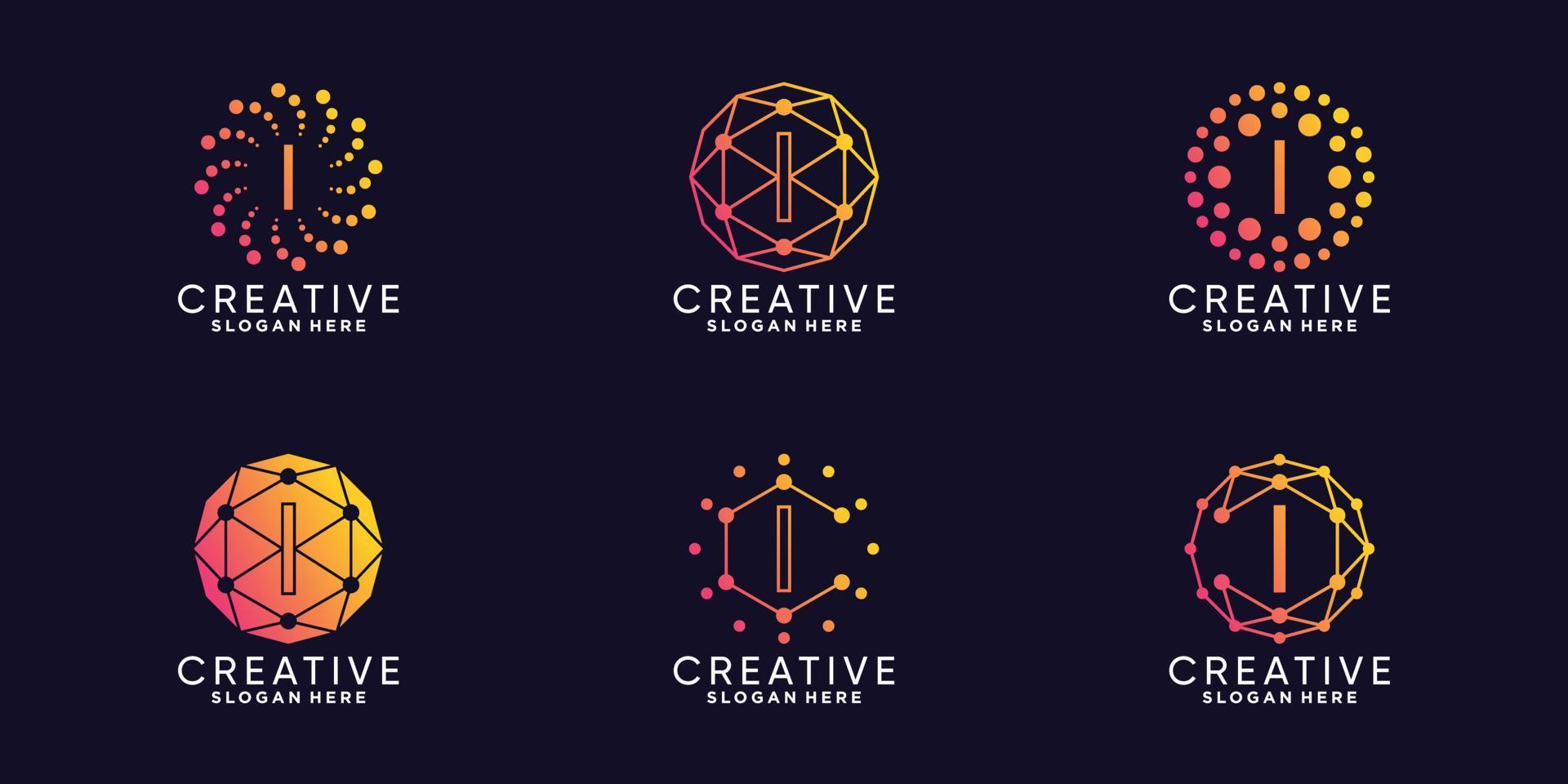 conjunto de tecnología de diseño de logotipo de monograma de paquete letra inicial i con arte de línea único y vector premium de estilo de punto