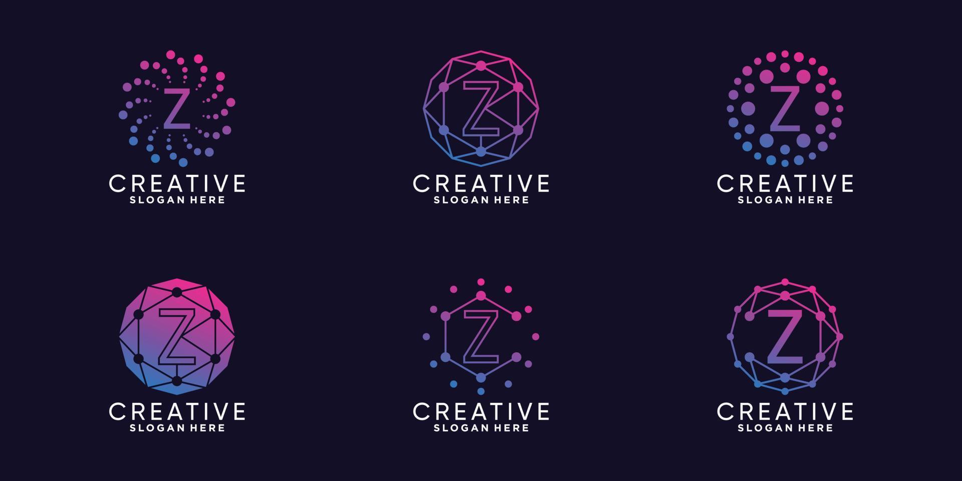 conjunto de tecnología de diseño de logotipo de monograma letra inicial z con arte de línea único y vector premium de estilo de punto