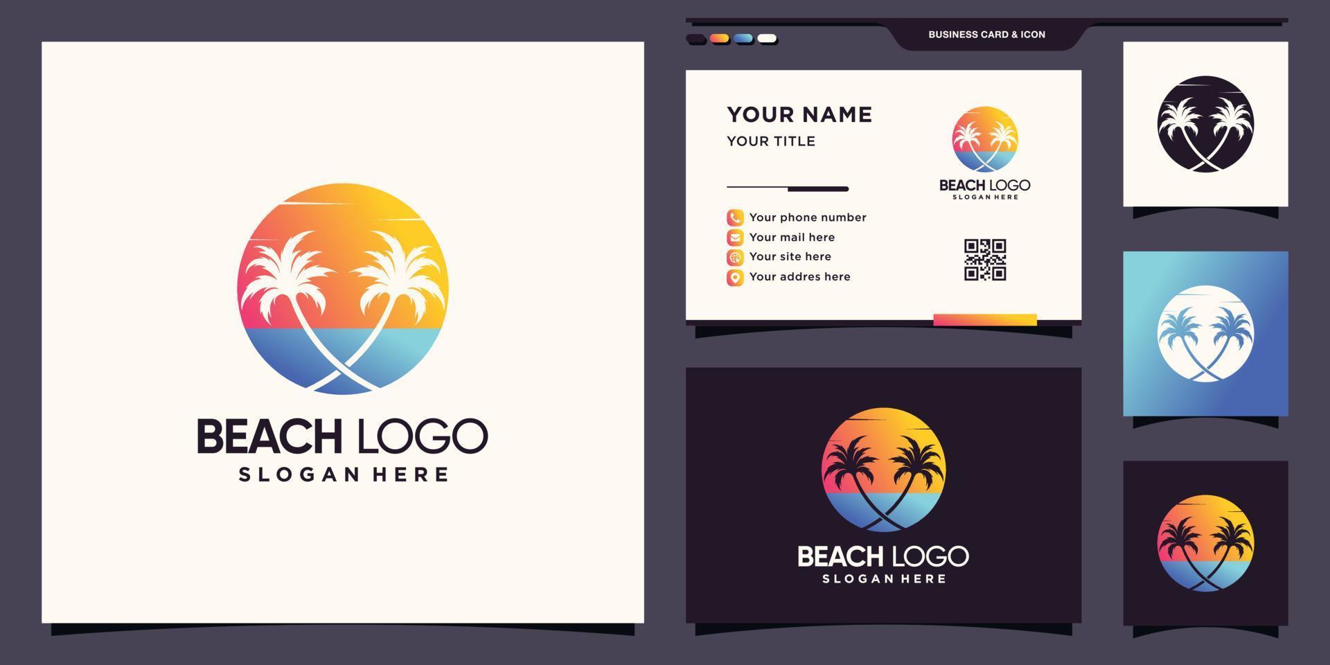 Beach logo with sun and palm tree. icon logo and business card design Premium Vector