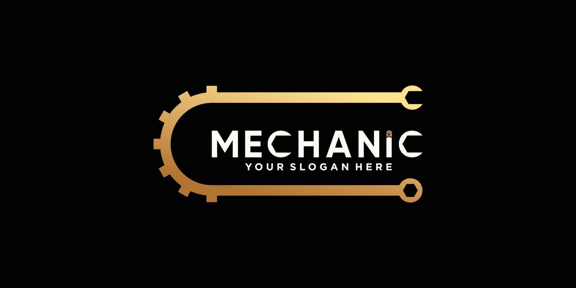 Creative mechanic logo design with gear and wrench in golden gradient style color Premium Vector