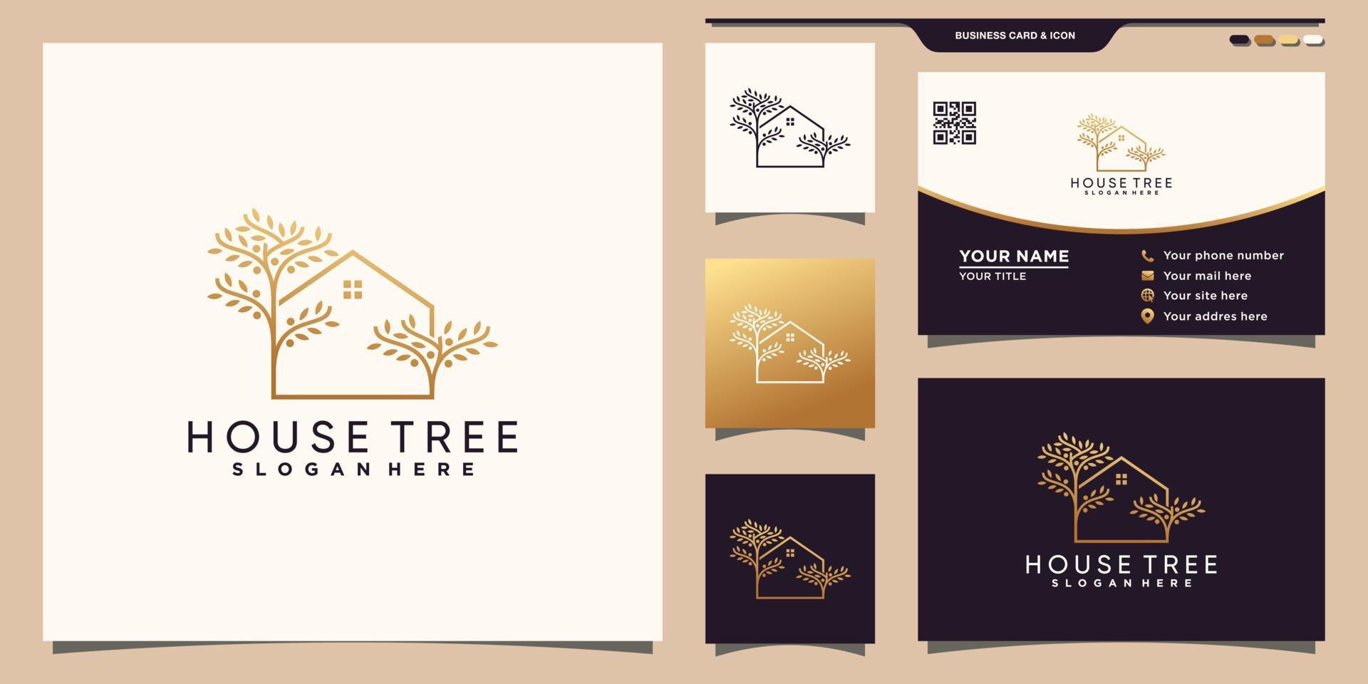 logotipo de casa y árbol creativo con estilo de arte de línea dorada y diseño de tarjeta de visita vector premium