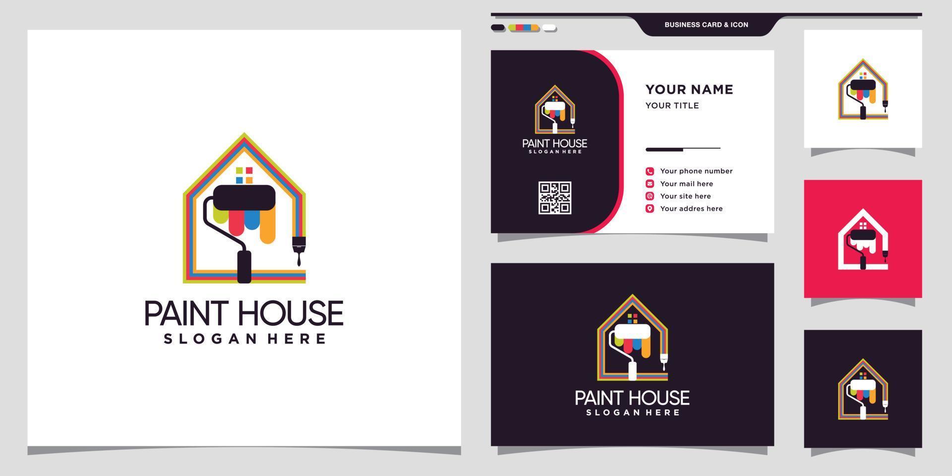logotipo de la casa de pintura con rodillo, pincel y concepto único y diseño de tarjeta de visita vector premium