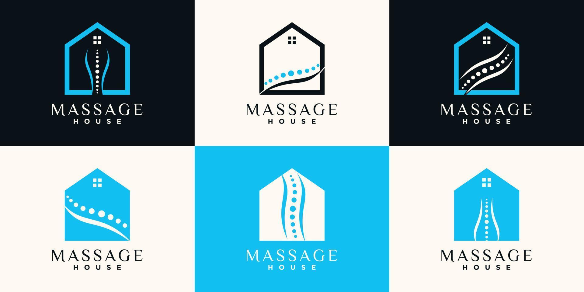 conjunto de diseño de logotipo de casa de masajes con arte lineal y concepto de espacio negativo vector premium