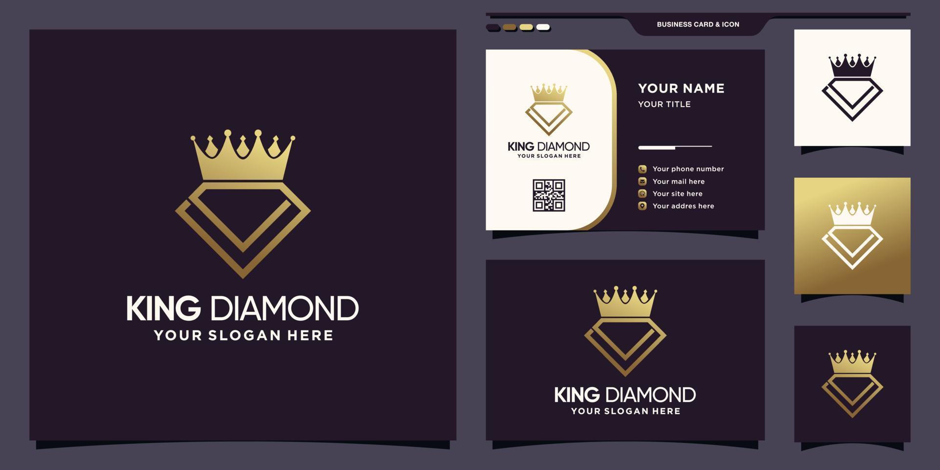 Creative diamond and crown logo with golden gradient style color and business card design vector