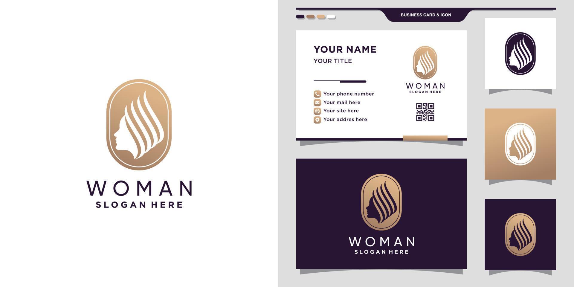 Creative of woman logo with modern negative space concept and business card design. Premium Vector