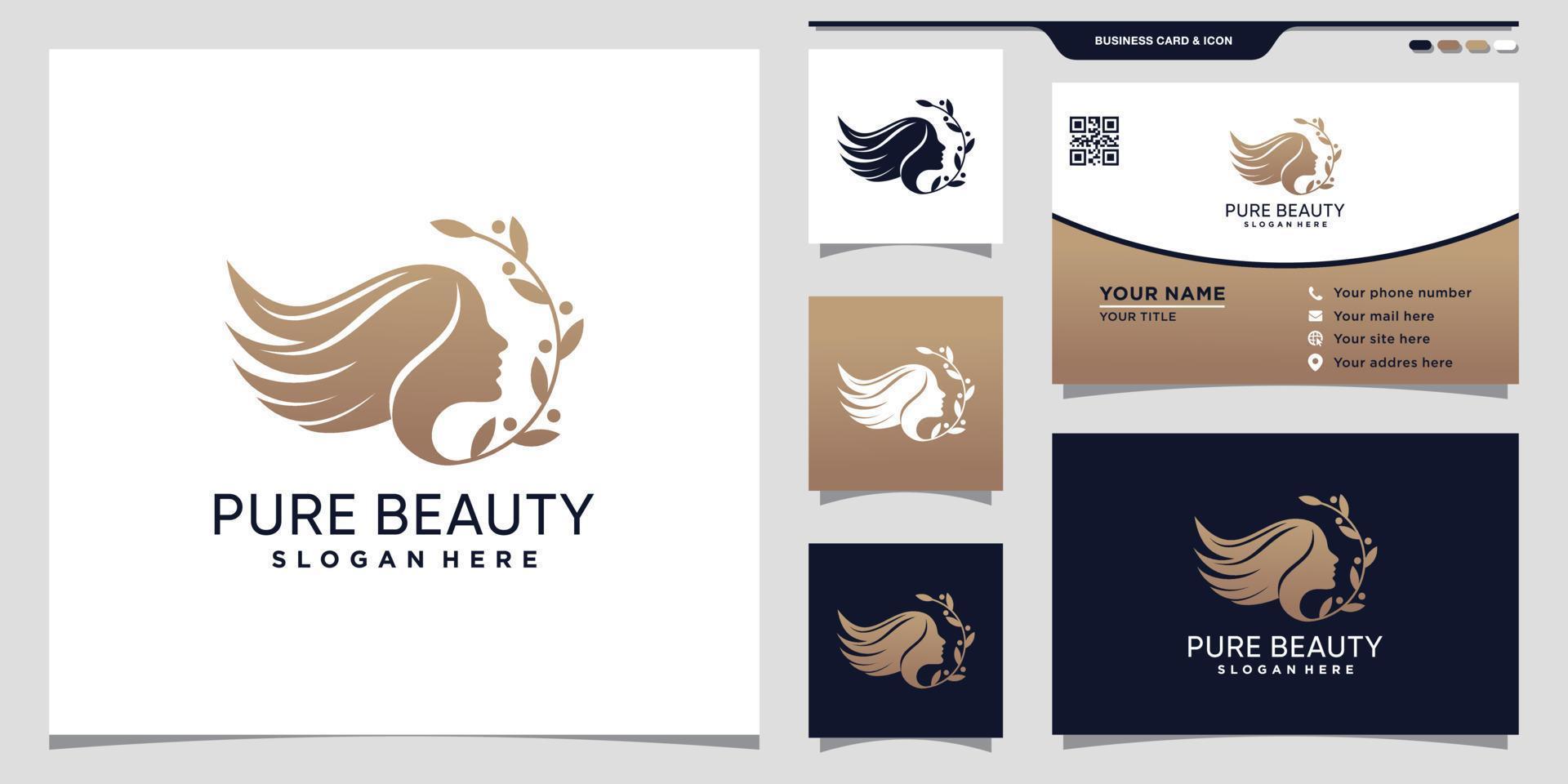 Pure beauty logo with woman face and business card design vector