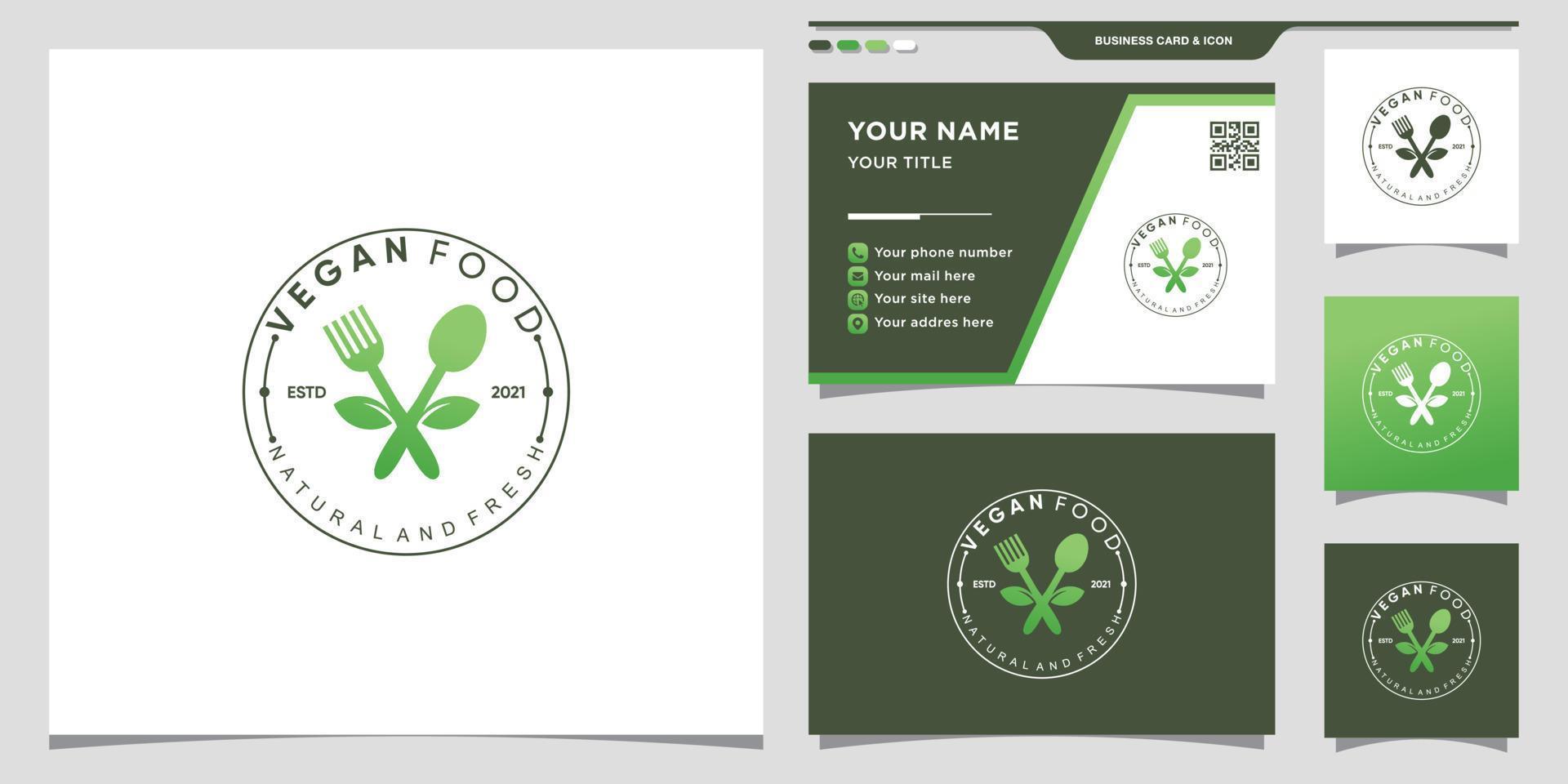 Vegan food logo for restaurant with leaf and circle concept. Logo icon and business card design Premium Vector