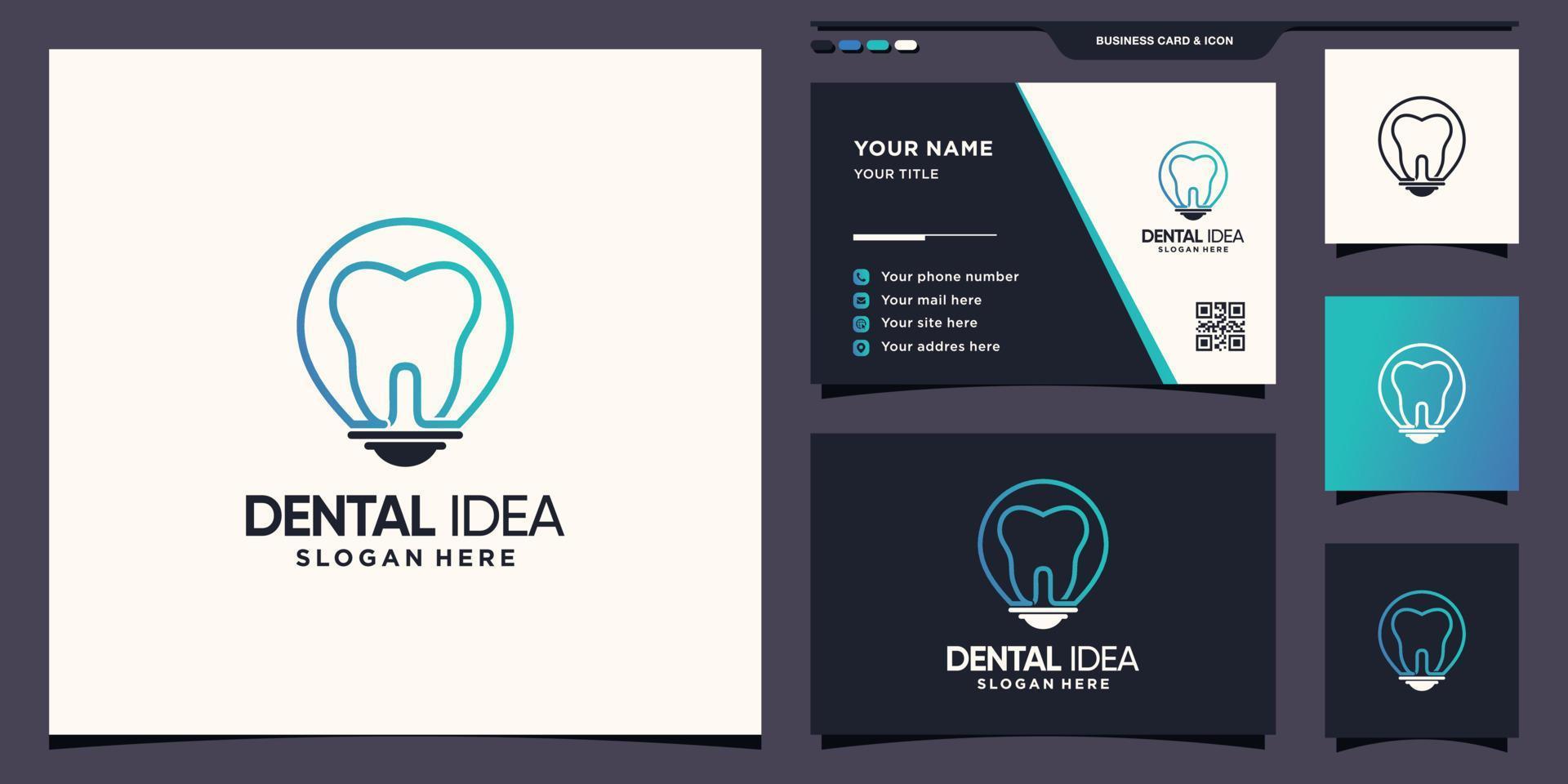 Symbol of dental and bulb lamp logo with creative line art style and business card design Premium Vector