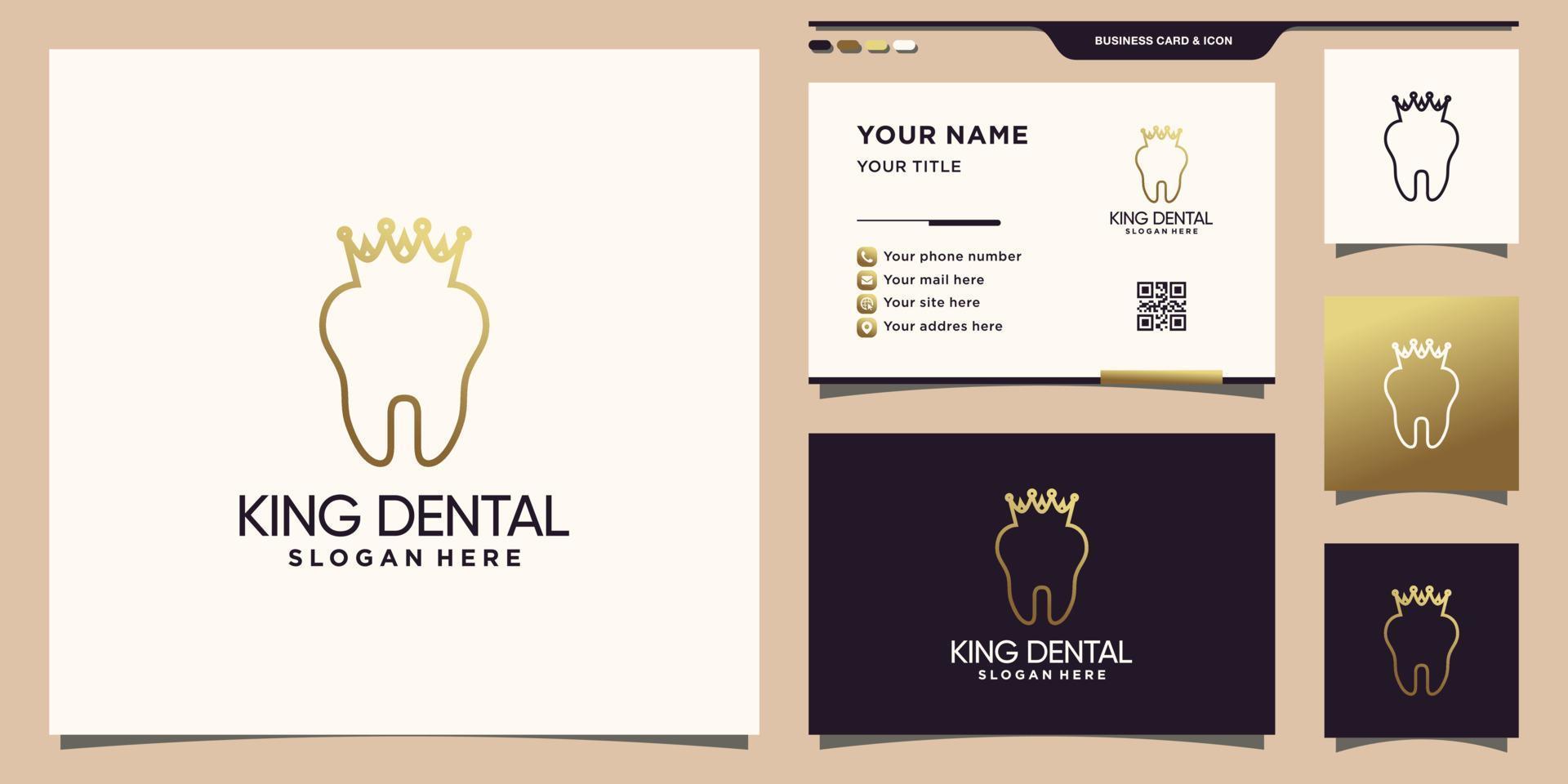 dental y rey creativo, logotipo de corona con estilo de arte de línea y diseño de tarjeta de visita vector premium