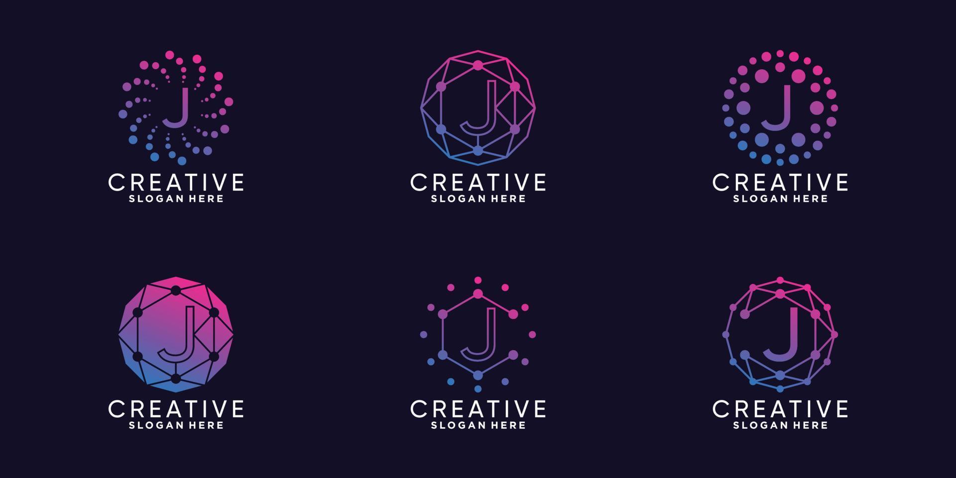 Set bundle monogram logo design technology initial letter j with unique line art and dot style Premium Vector