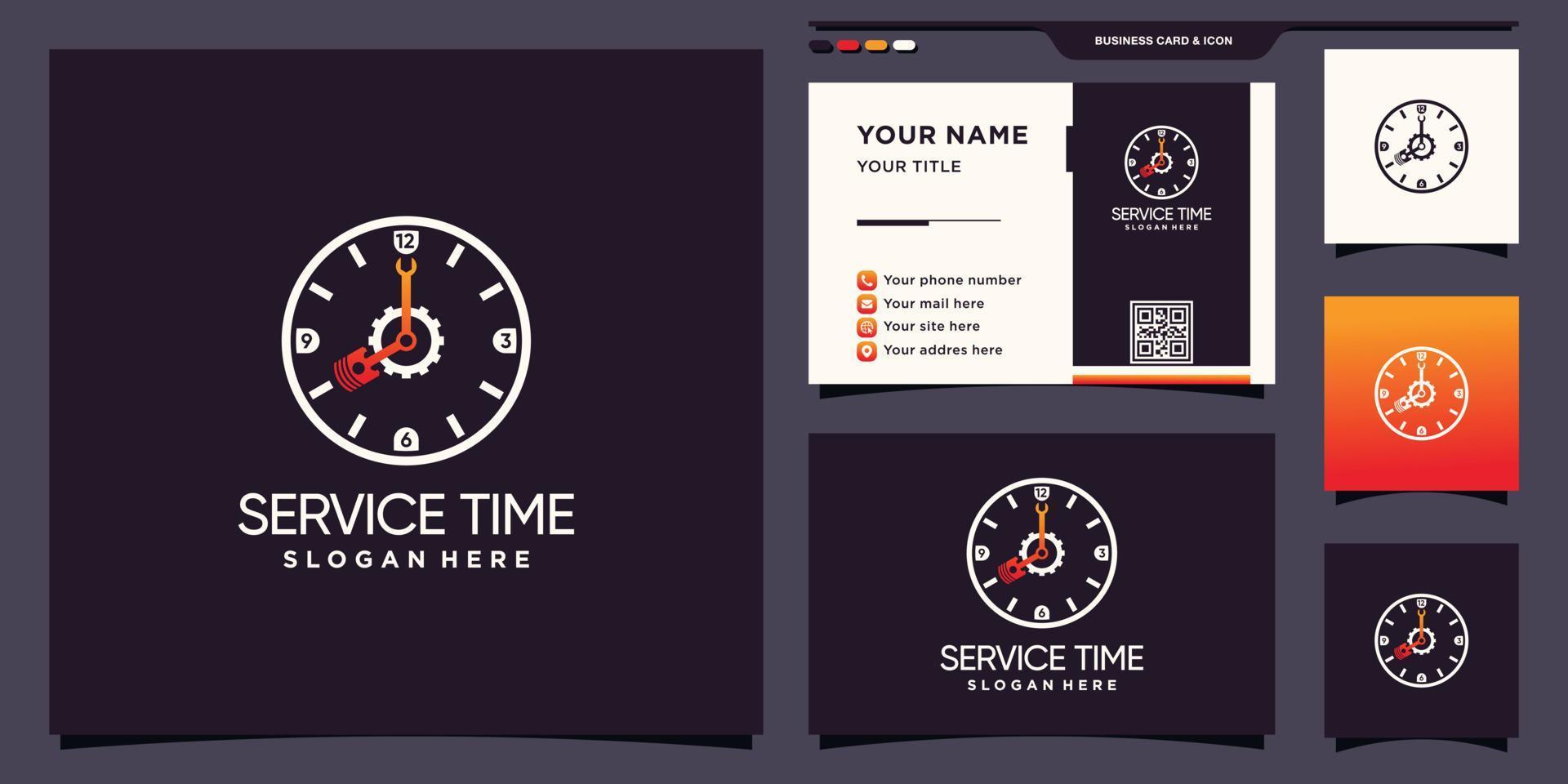 Service time logo template with gear, piston and wrench. logo and business card design Premium Vector