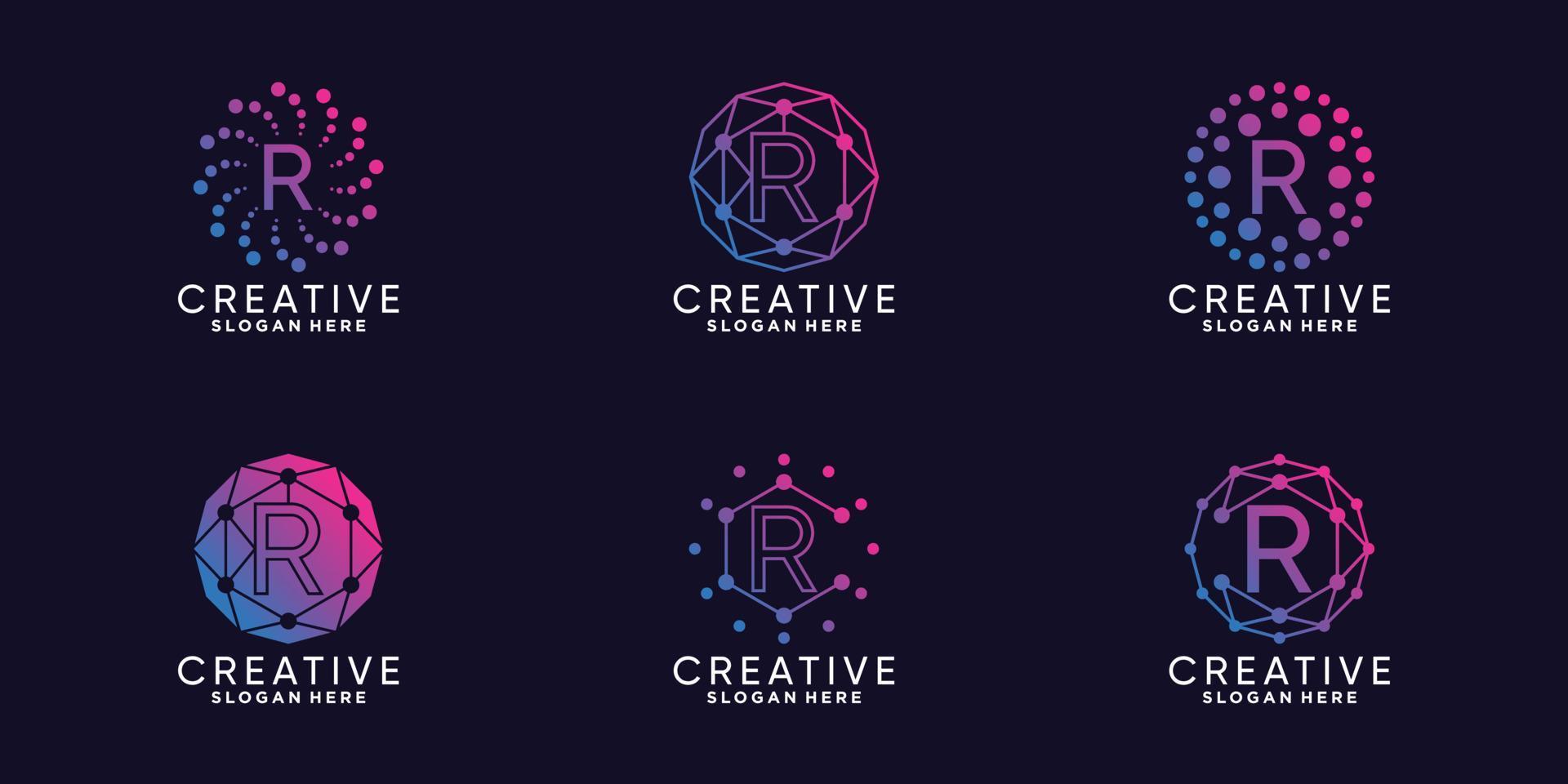 conjunto de tecnología de diseño de logotipo de monograma letra inicial r con arte de línea único y vector premium de estilo de punto