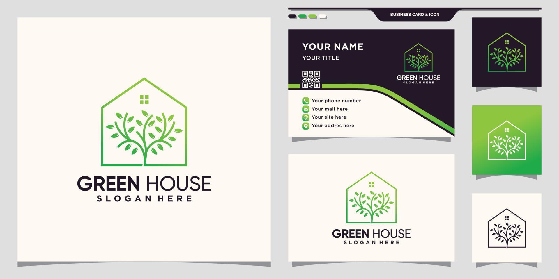 logo de casa verde y árbol con concepto creativo y diseño de tarjeta de visita premium vector