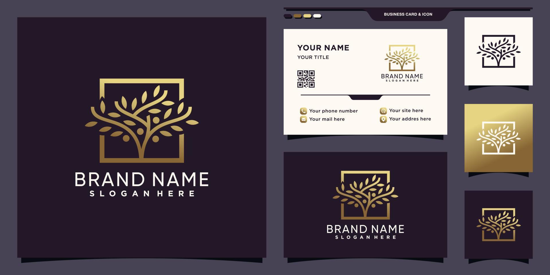 logotipo de árbol con color de estilo degradado dorado y diseño de tarjeta de visita vector premium