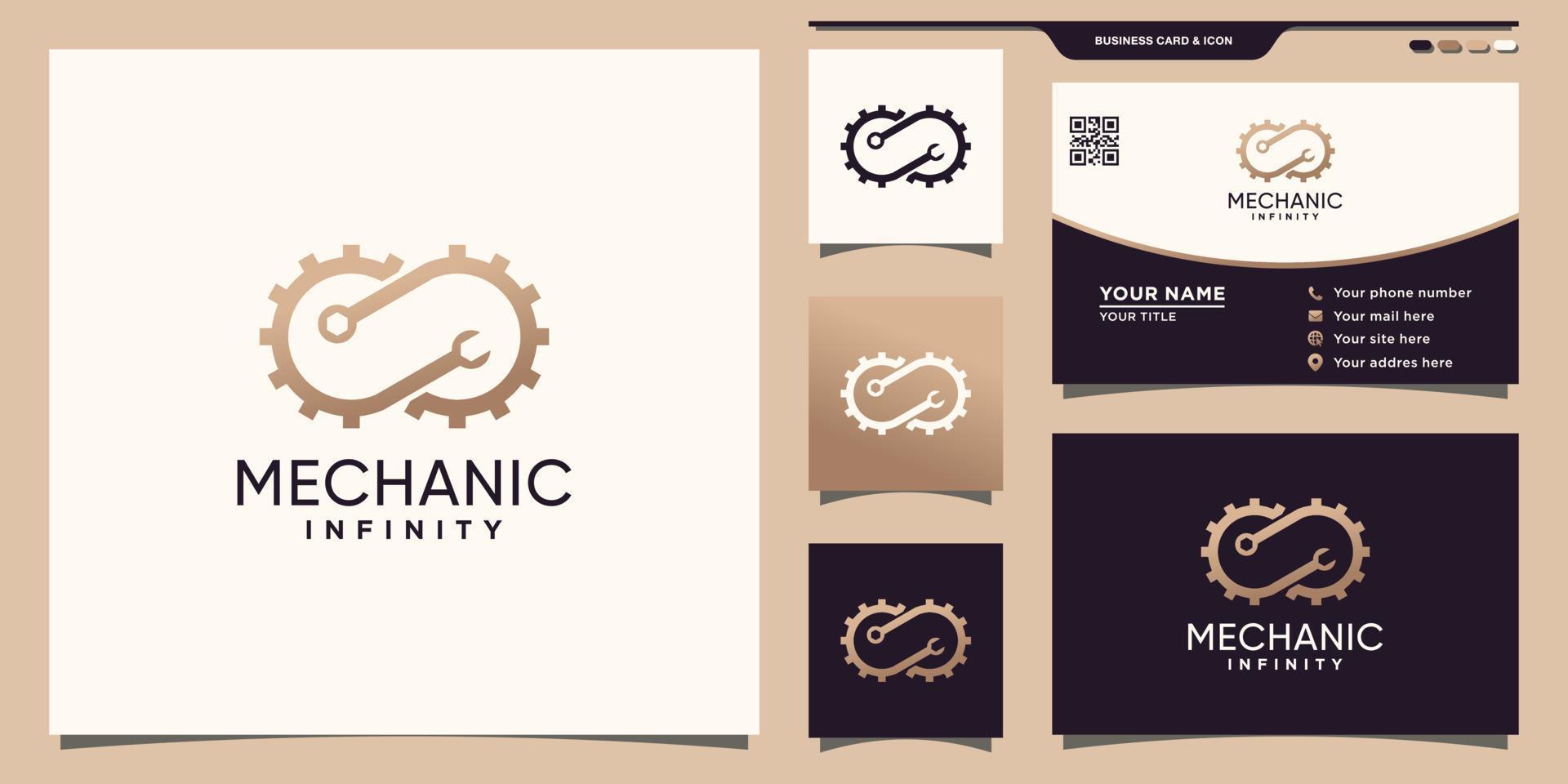 Symbol infinity logo mechanic with gear, wrench and business card design Premium Vector
