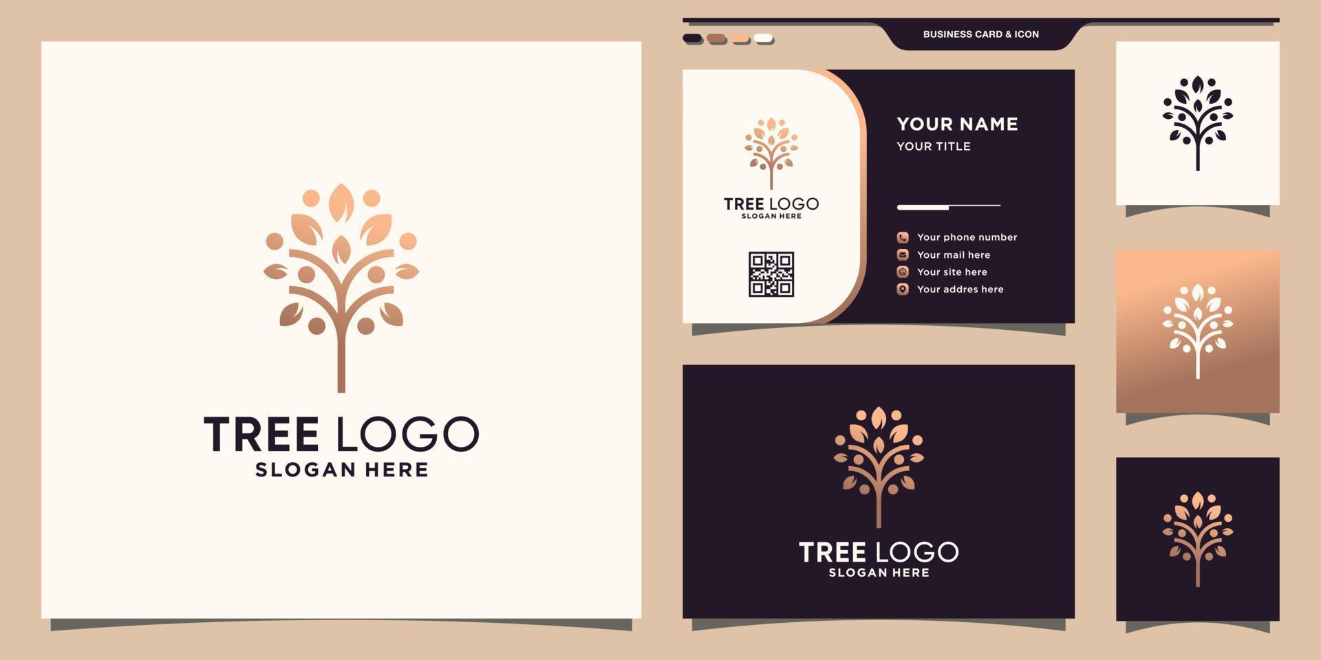 Creative tree logo with line art style and business card design Premium Vector
