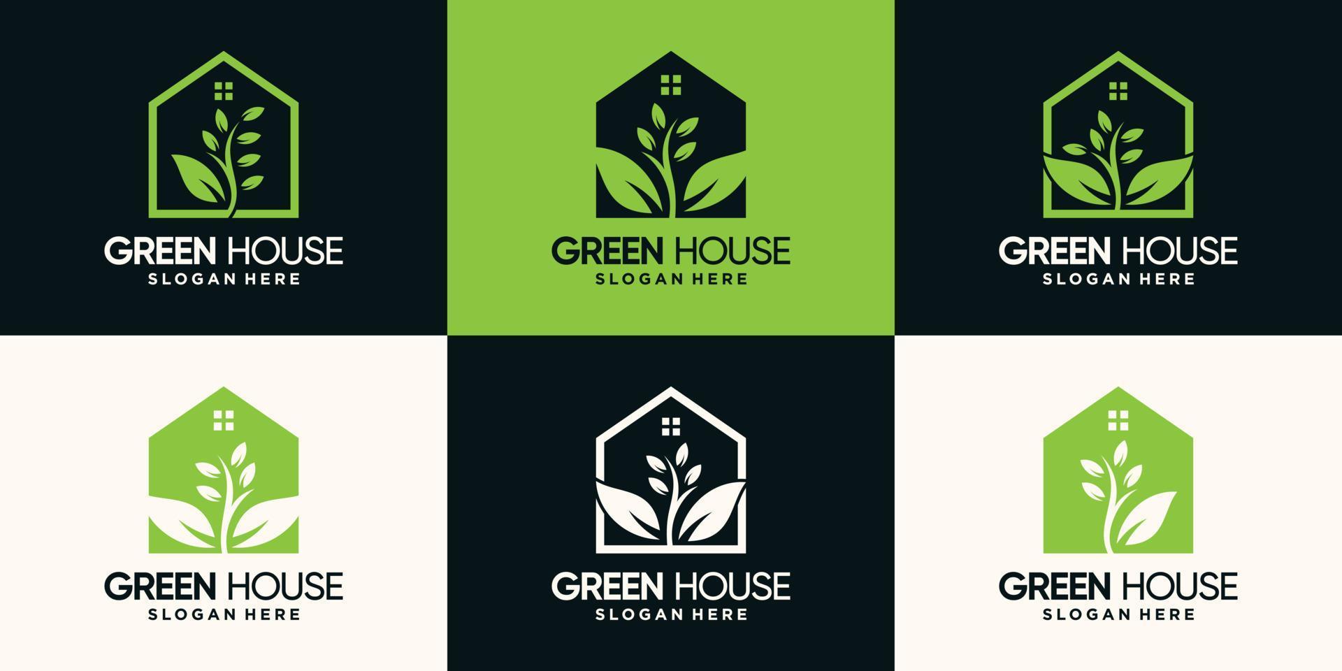 conjunto de diseño de logotipo de casa verde con estilo de arte de línea y vector premium de concepto de espacio negativo