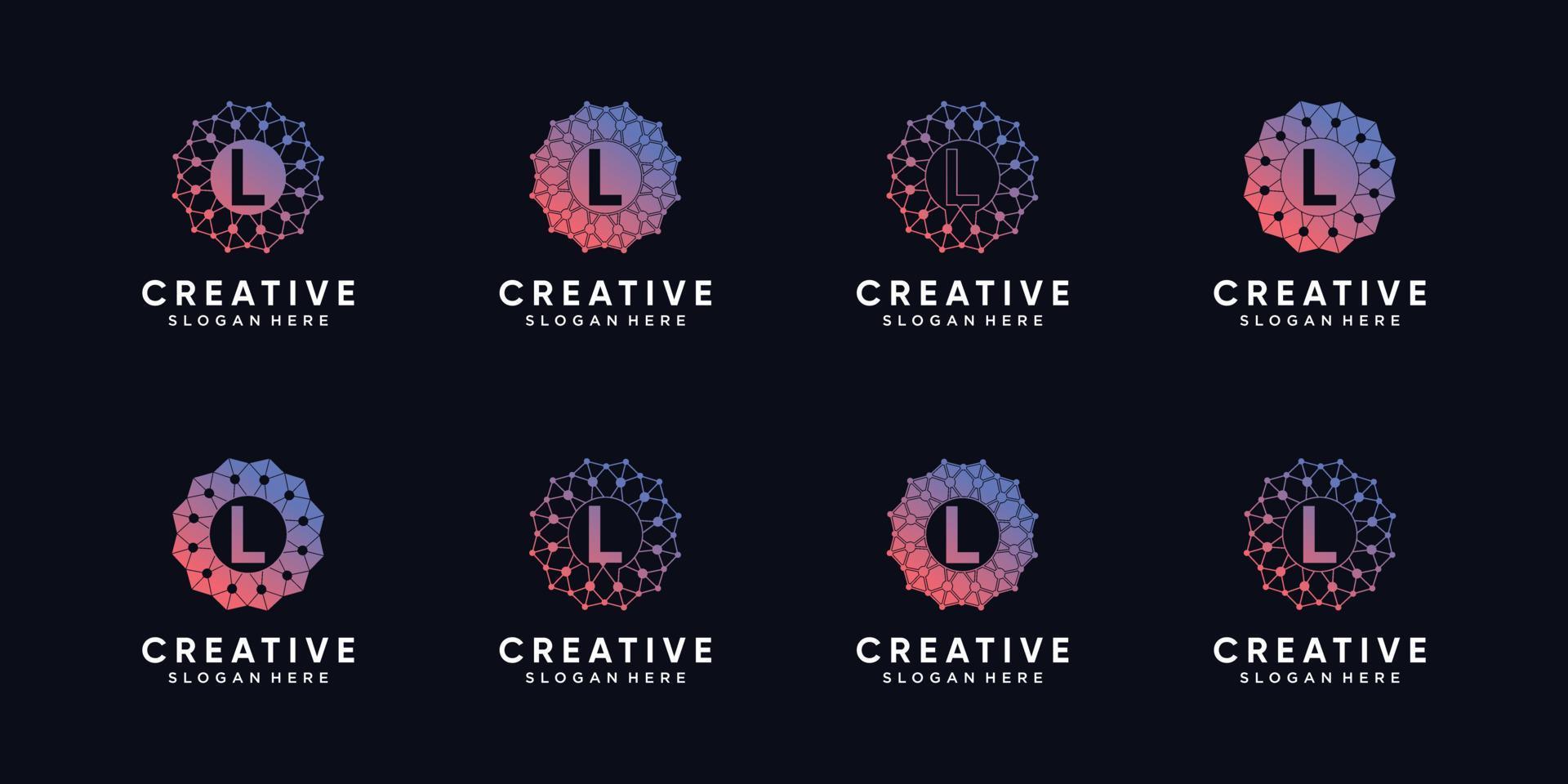 Set of bundle monogram logo design technology initial letter l with line art and dot style. Premium Vector