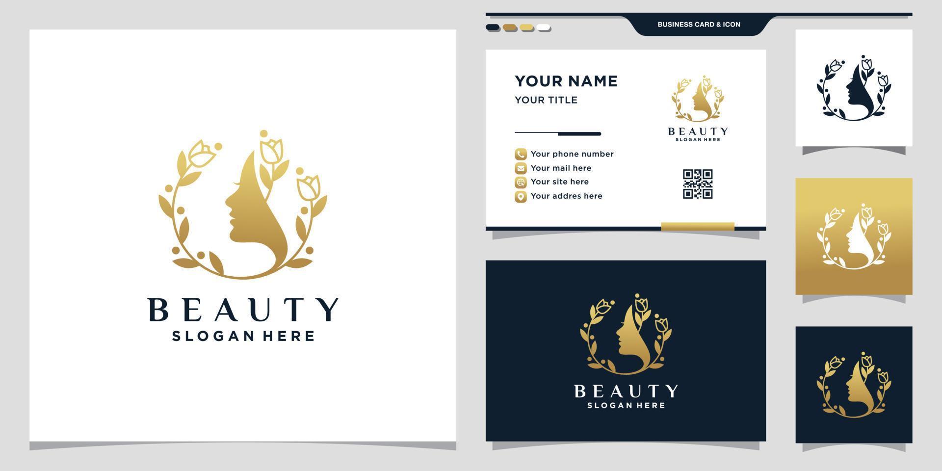 Creative beauty woman face logo with flower rose line and golden gradient style color. icon logo and business card design Premium Vector