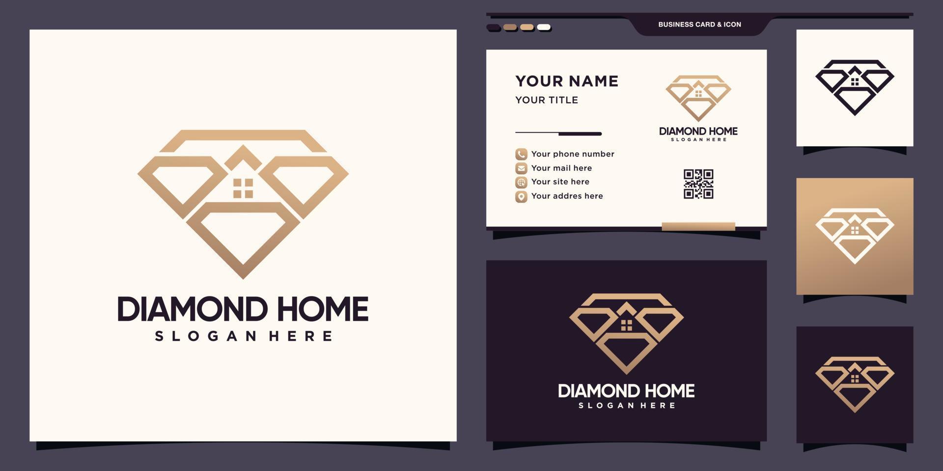 logotipo de casa y diamante creativo con estilo de arte de línea y diseño de tarjeta de visita vector