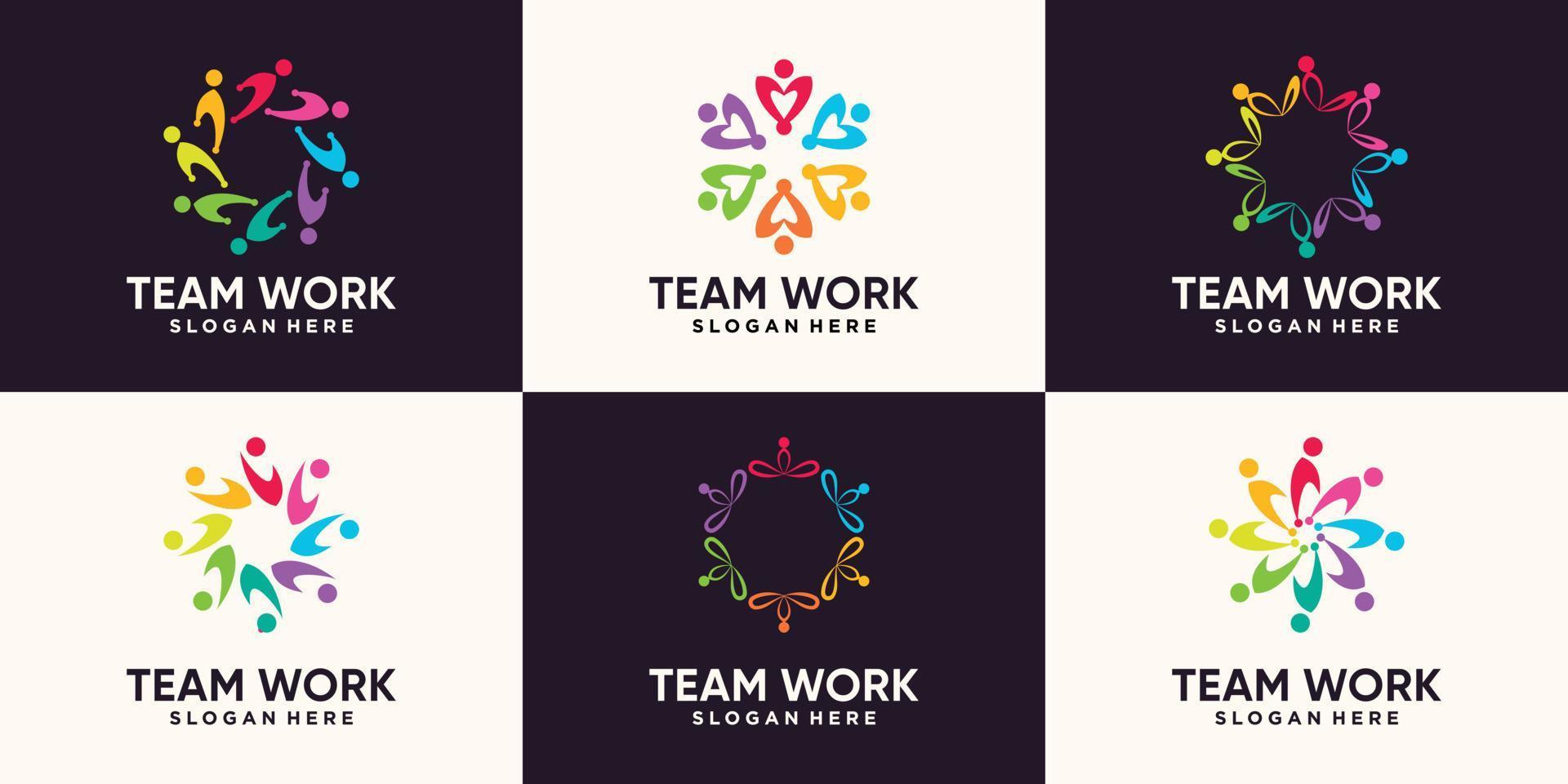 conjunto de trabajo en equipo, diseño de logotipo comunitario con concepto creativo moderno vector