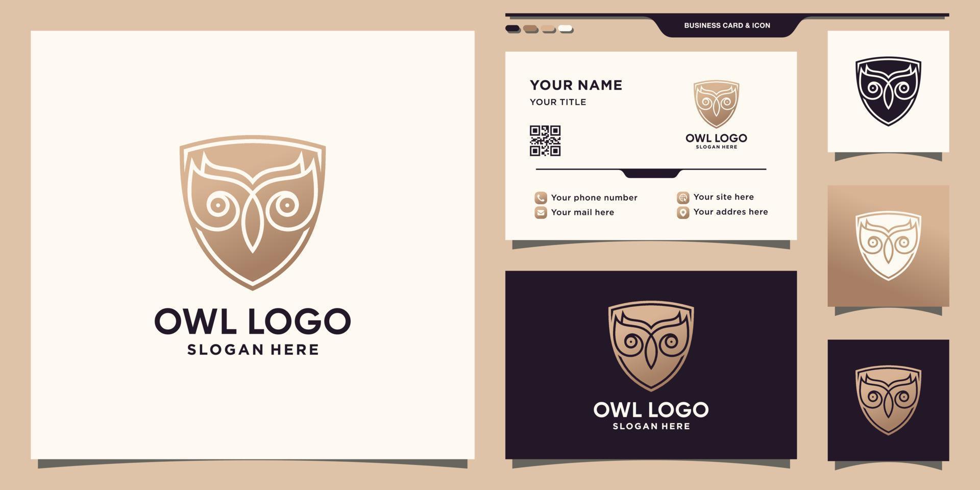 Owl and shield logo template with negative space concept and business card design Premium Vector