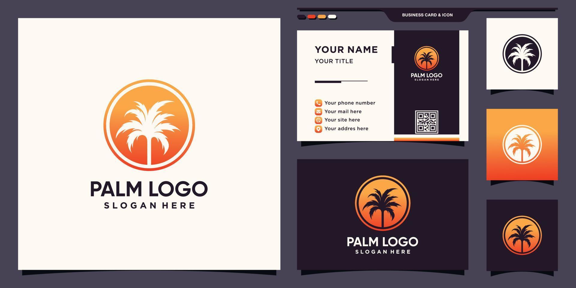 logotipo abstracto de palmera con concepto de espacio negativo circular y vector premium de diseño de tarjeta de visita