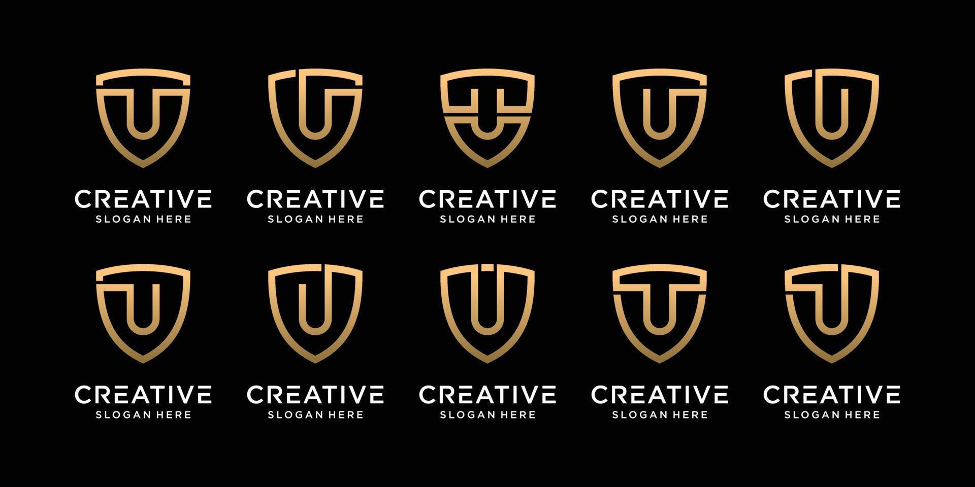 conjunto paquete monograma escudo diseño de logotipo letra inicial u con vector premium de estilo lineal