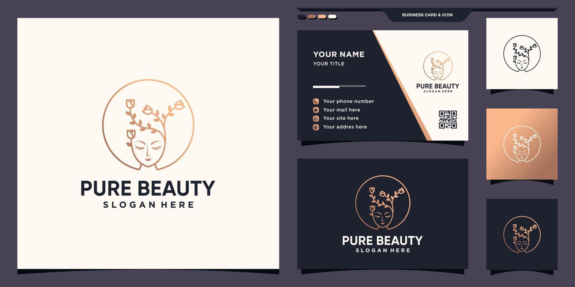 logotipo de cara de mujer de belleza pura con flor en estilo lineal y diseño de tarjeta de visita vector premium