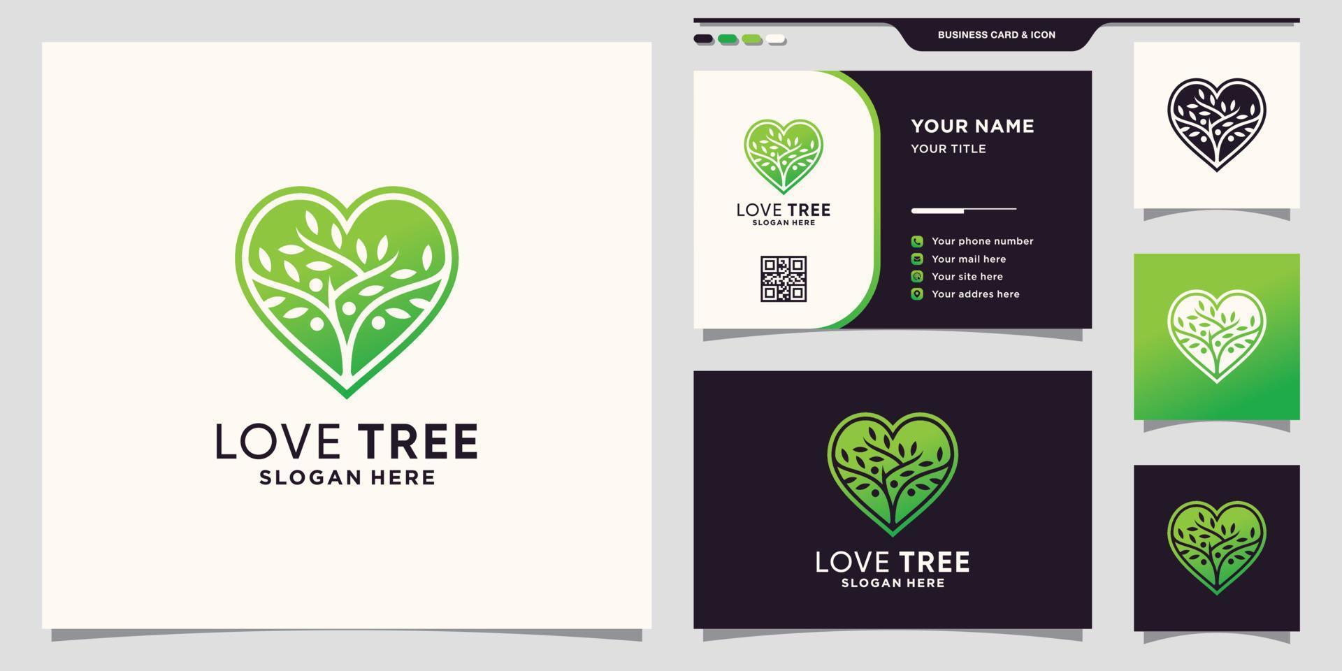 Tree logo template with heart concept and business card design Premium Vector