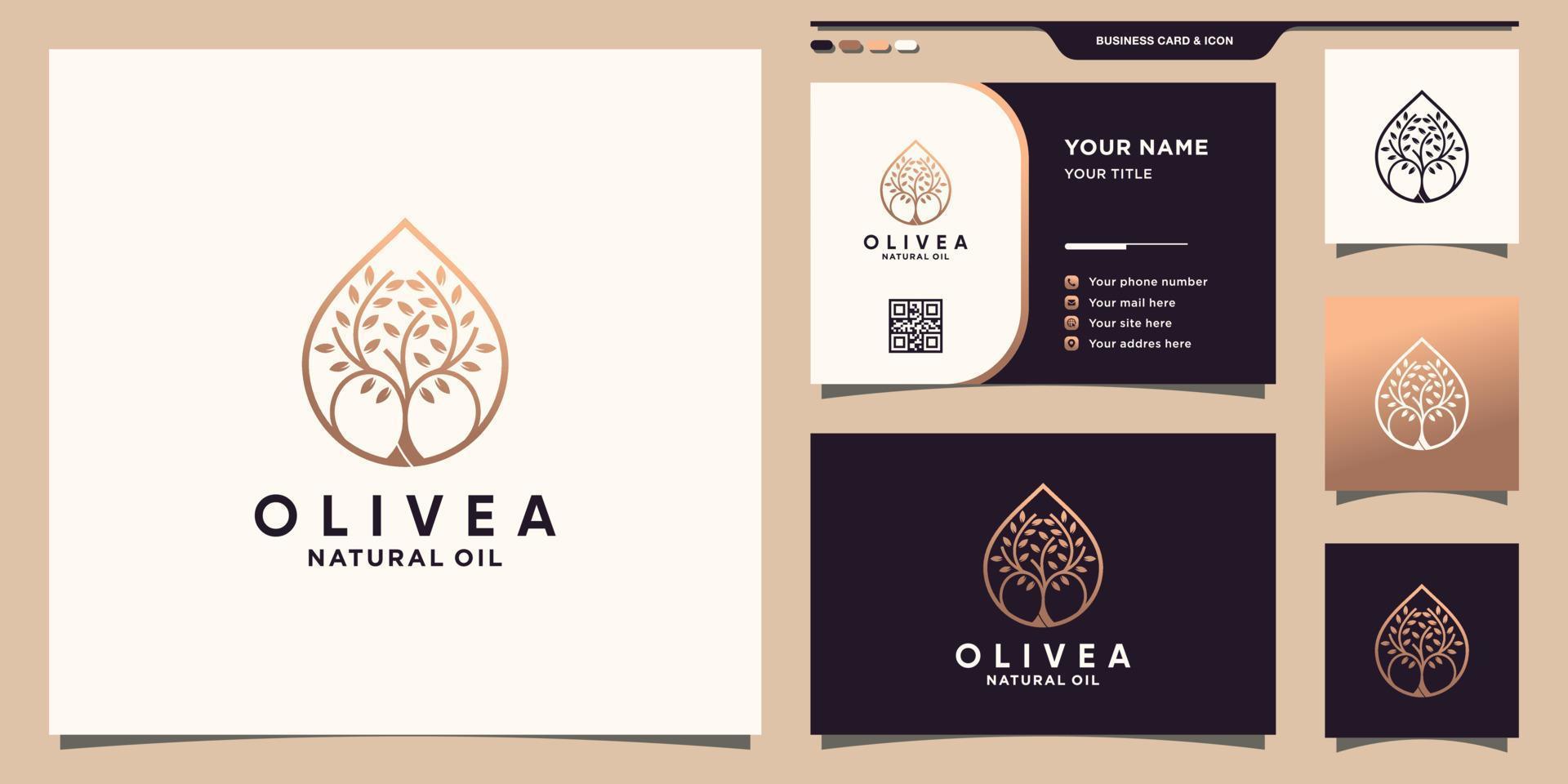 Olive tree logo and water drop icon with line art style and business card design Premium Vector