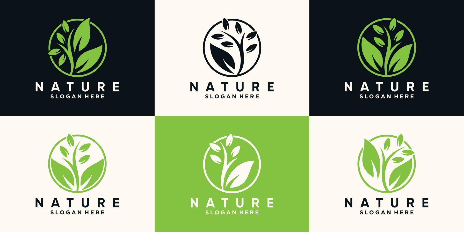 conjunto de logotipo de la naturaleza y el árbol con estilo de arte lineal y vector premium de concepto de círculo único