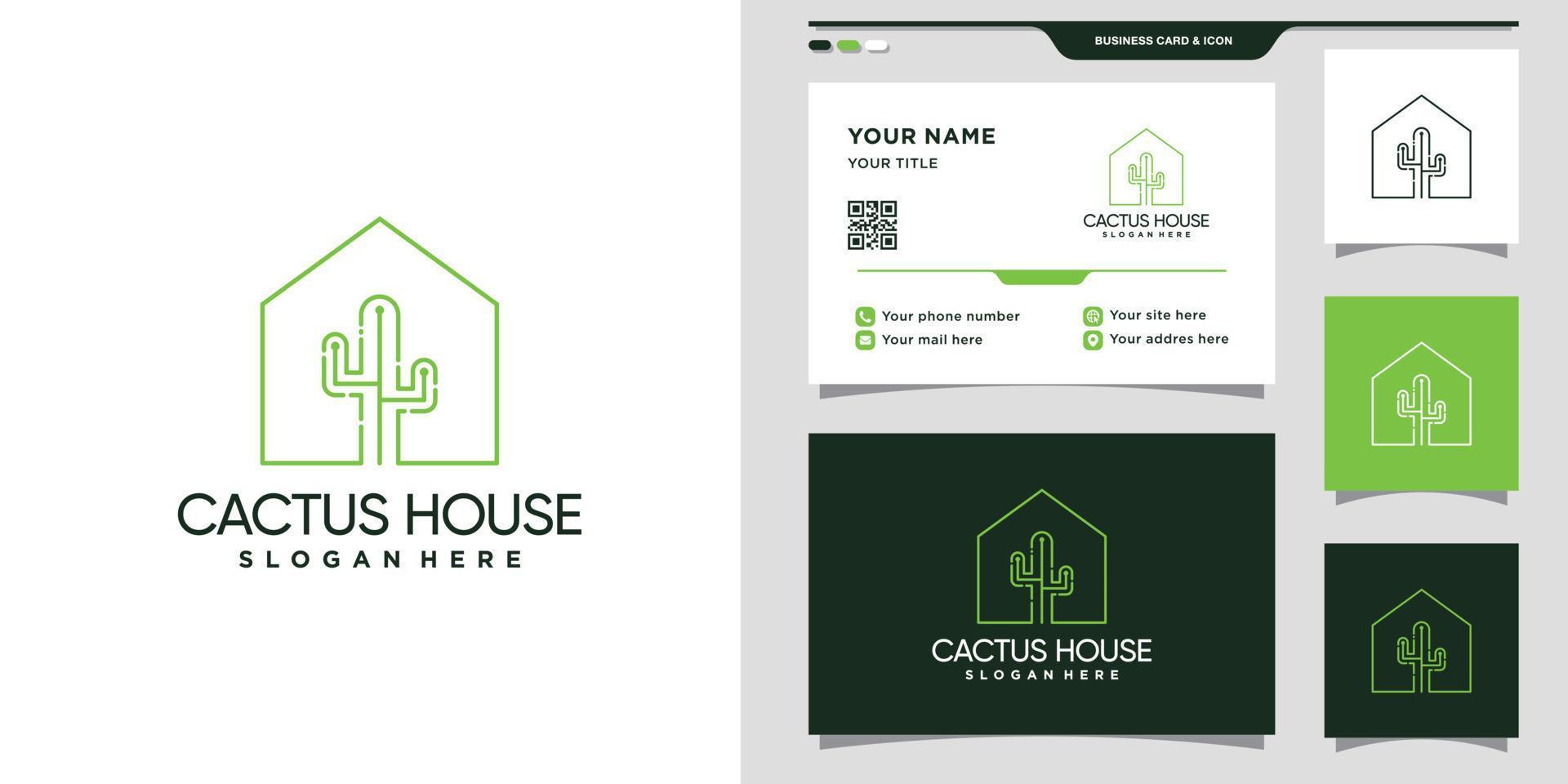 Cactus house logo with line art style and business card design. Premium Vector