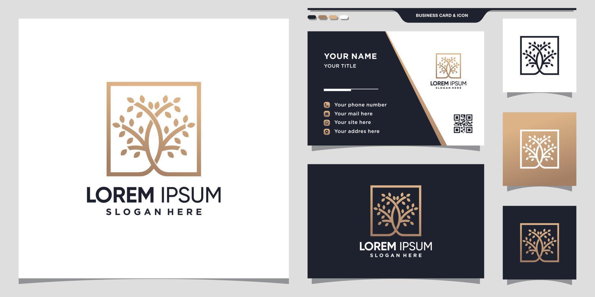 Tree logo with square line art style and business card Premium vector