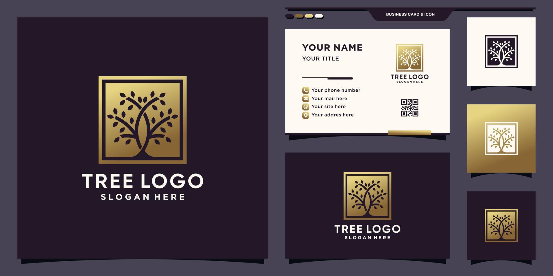 Elegant tree logo with golden gradient style color and business card design Premium Vector