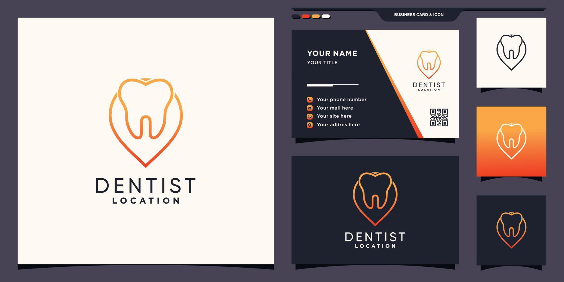 plantilla de logotipo de ubicación de dentista con estilo de arte de línea de punto pin y vector premium de diseño de tarjeta de visita