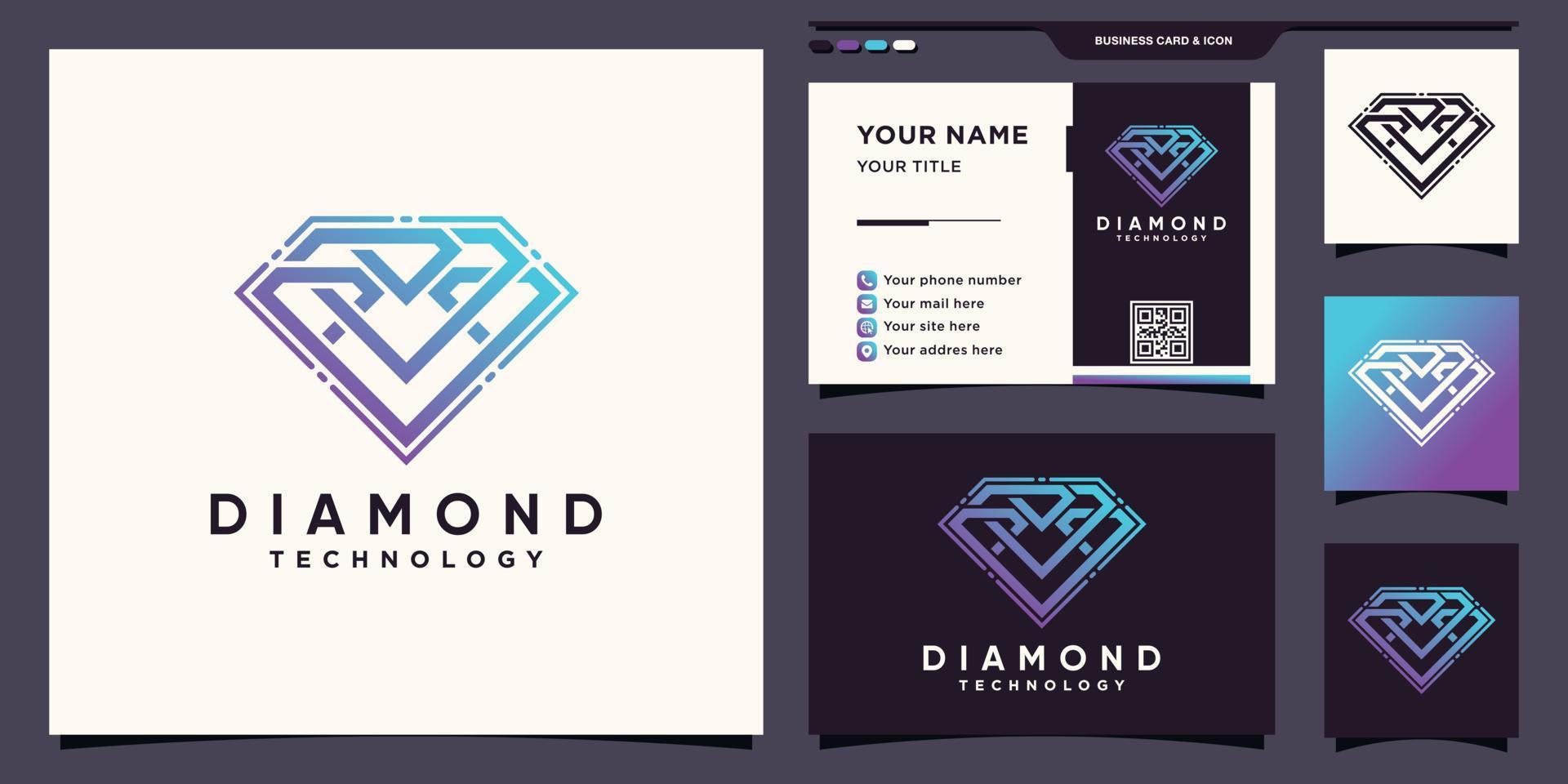 Creative diamond technology logo with modern line art style and business card deisgn vector