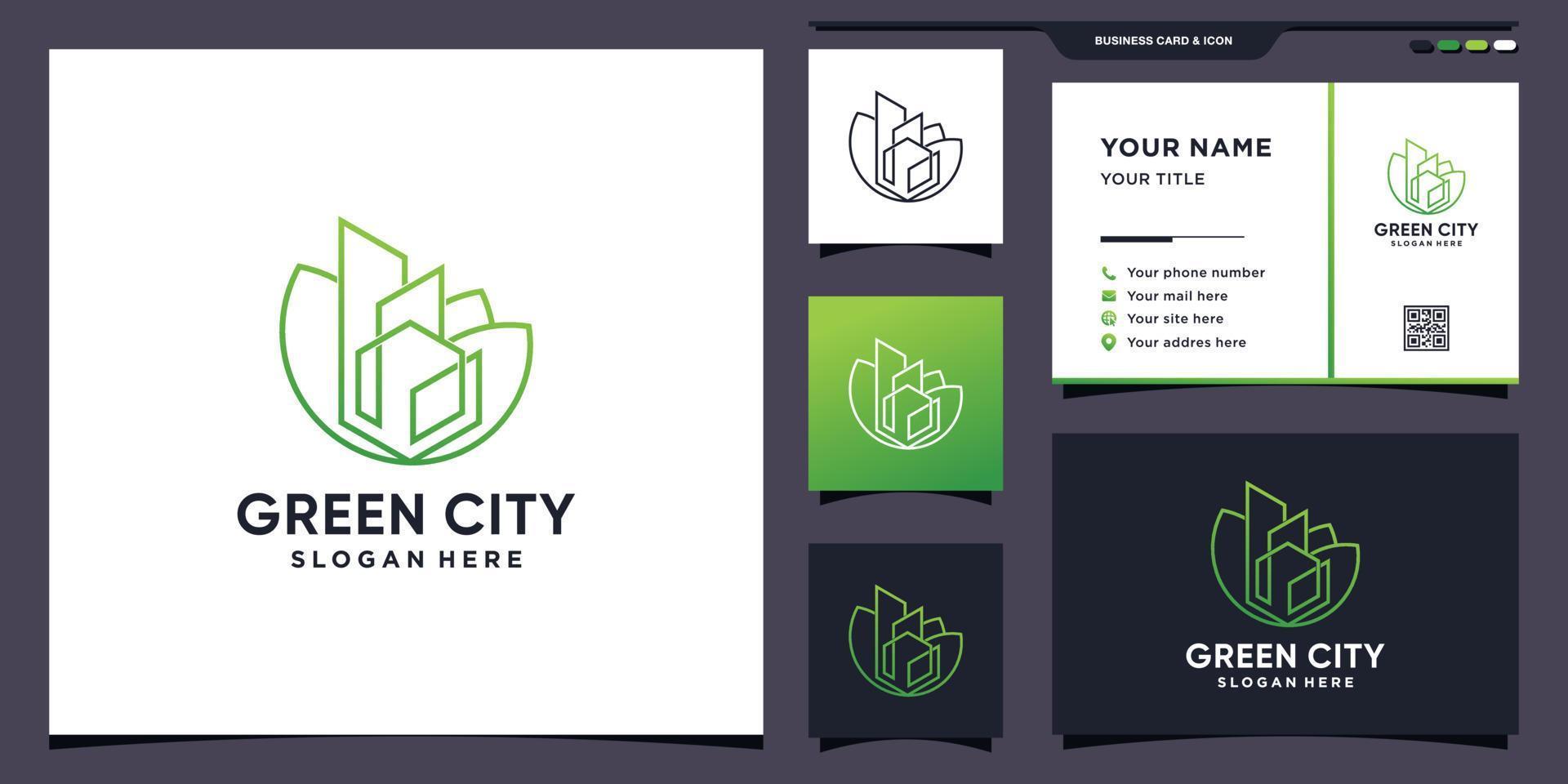 Green city logo with unique line art style and business card design Premium Vector