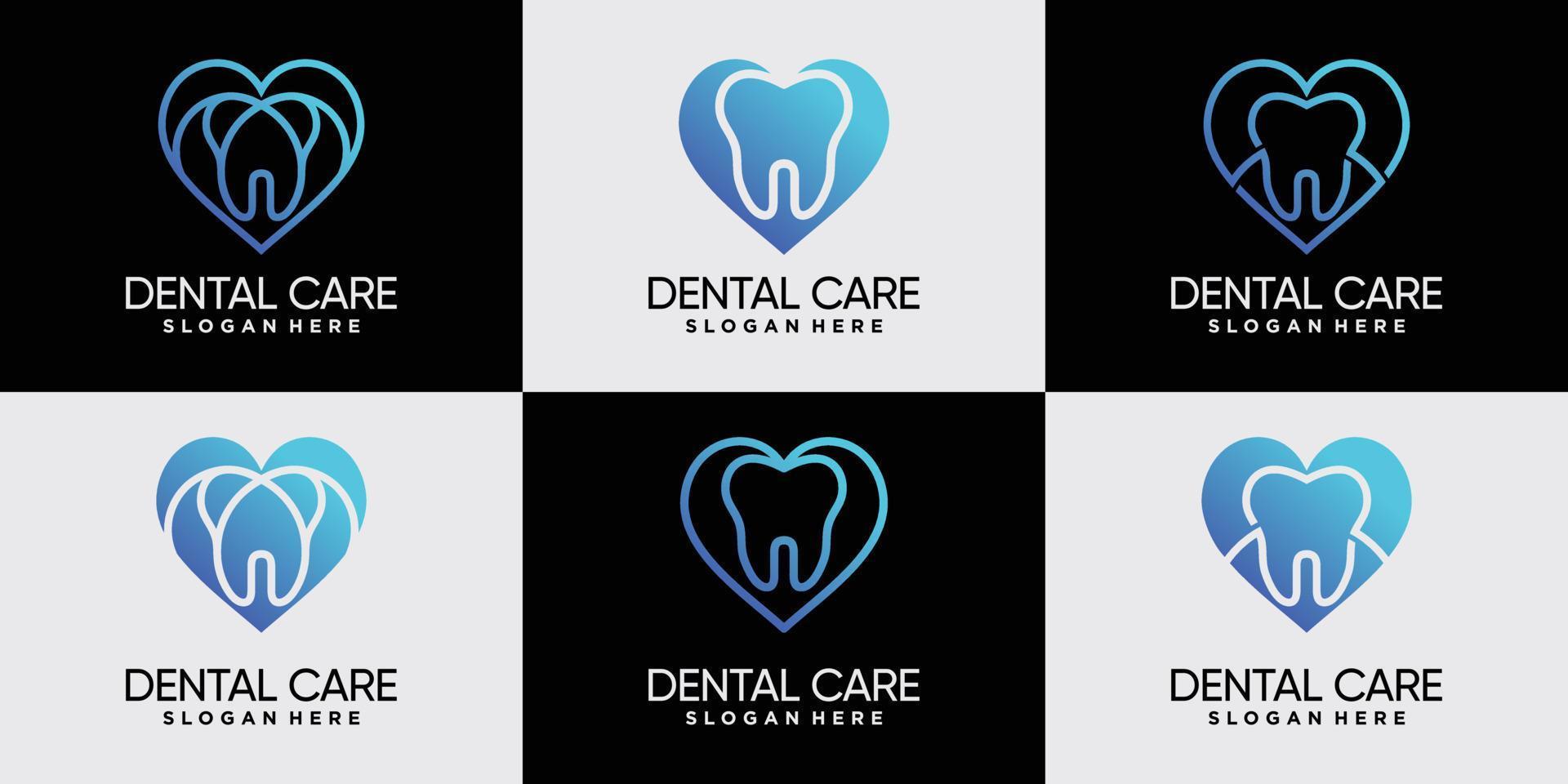 Set of dental clinic logo design with heart linear style and negative space concept Premium Vector
