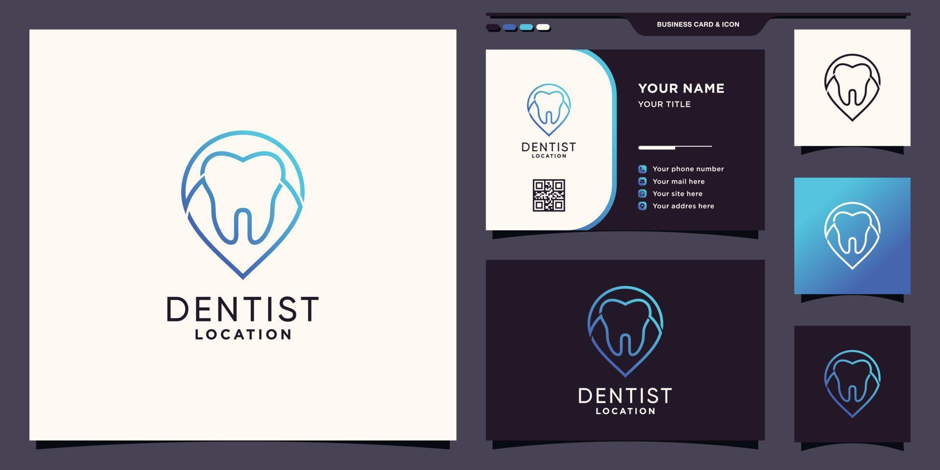 logotipo de ubicación de dentista creativo con estilo de arte de línea de punto pin y diseño de tarjeta de visita vector premium