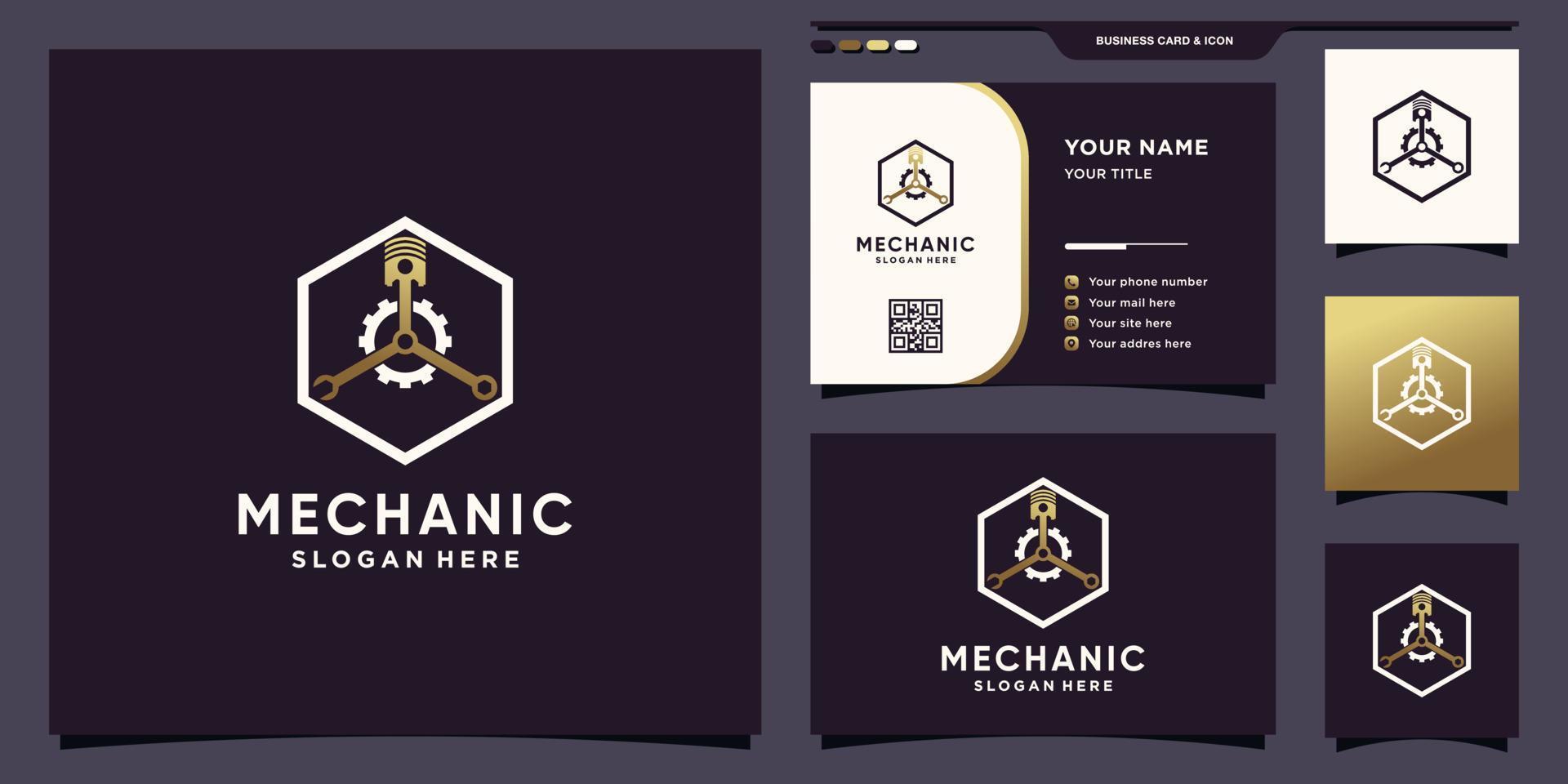 Mechanic logo with piston, gear and wrench concept and business card design Premium Vector