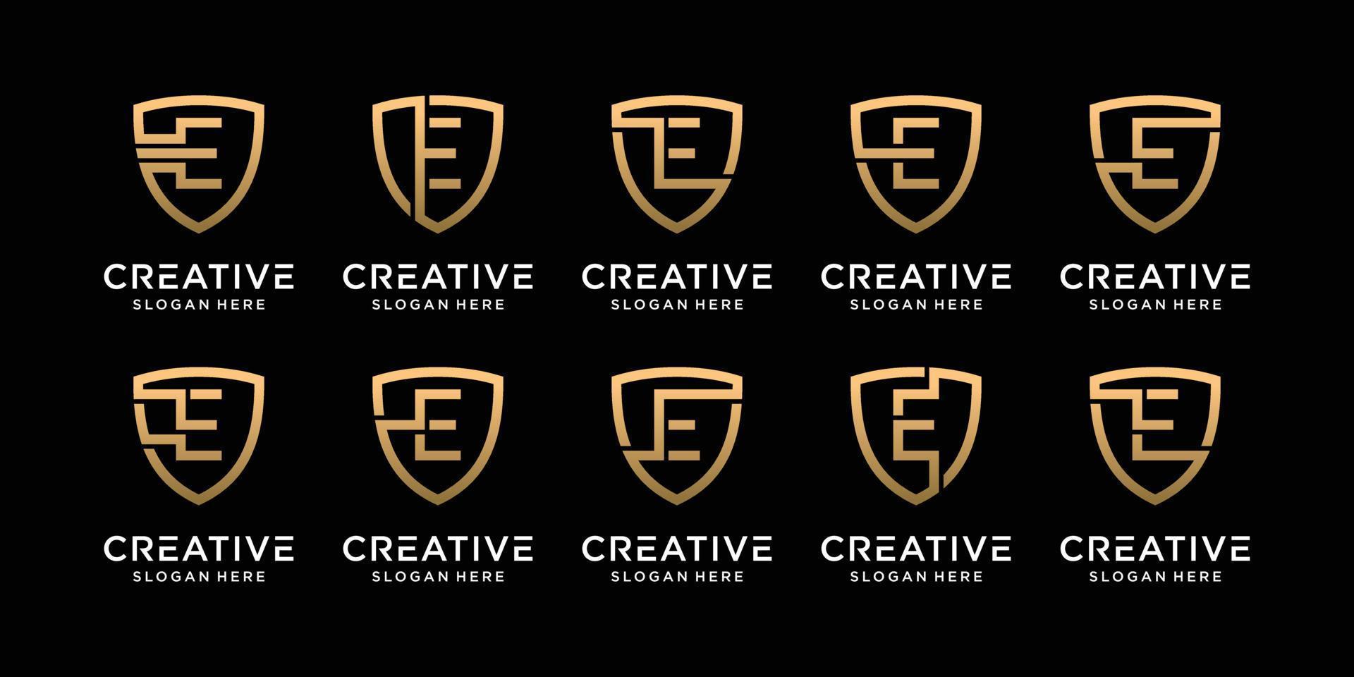 Set bundle monogram shield logo design initial letter e with linear style Premium Vector