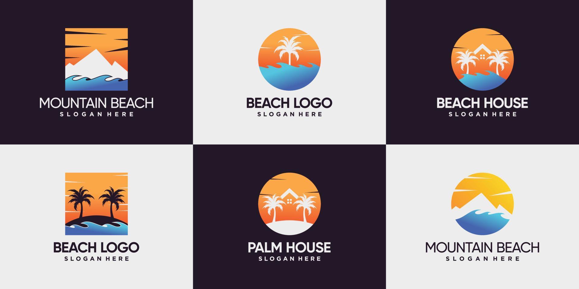 conjunto de logotipo de playa con diseño de logotipo de montaña, sol, casa y palmera vector premium