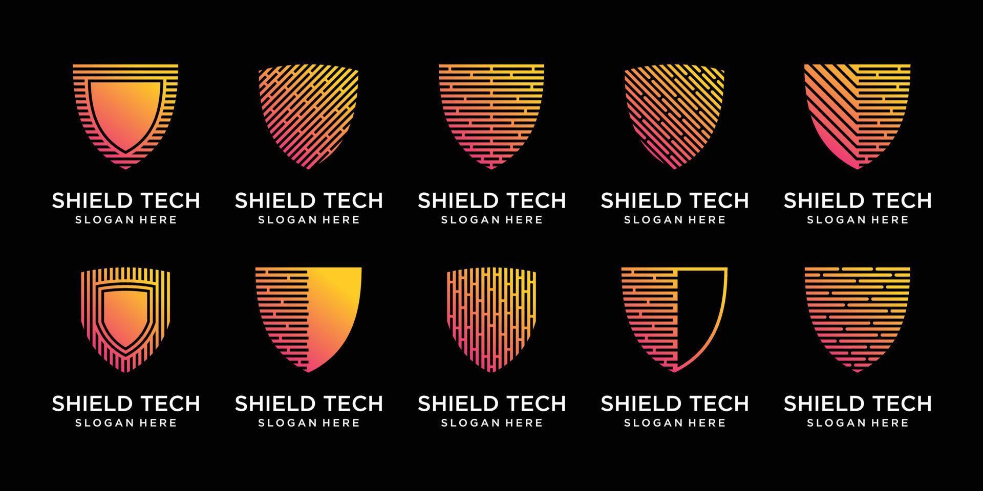 conjunto de tecnología de diseño de logotipo de escudo con vector premium de estilo de arte de línea único