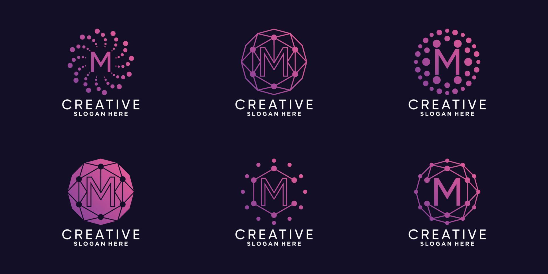 conjunto de tecnología de diseño de logotipo de monograma letra inicial m con arte de línea único y vector premium de estilo de punto